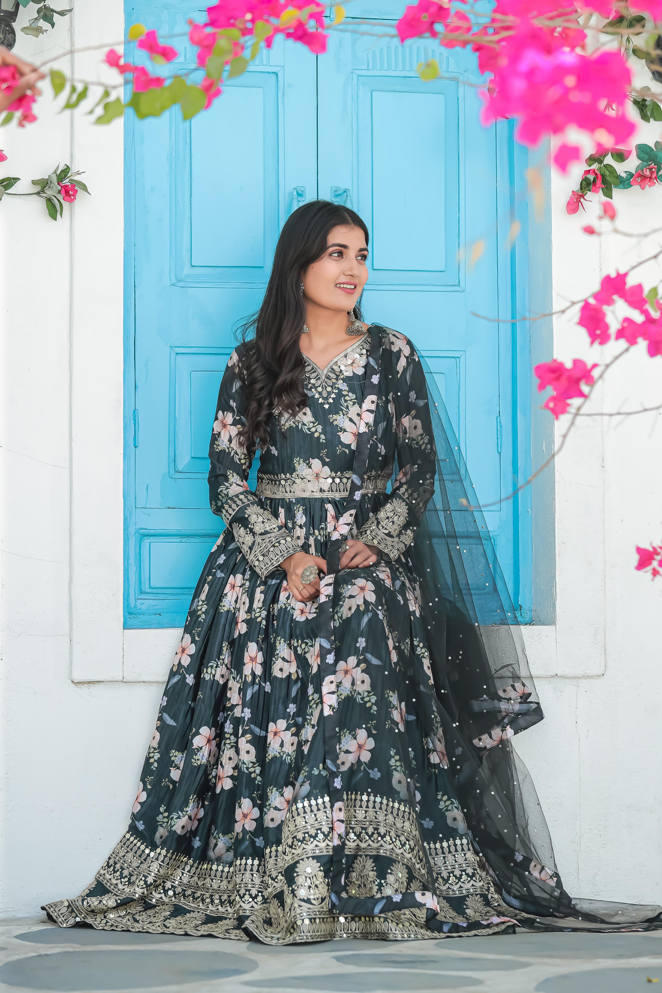 Plated Gray Color Digital Print With Work Anarkali Gown vastracloth