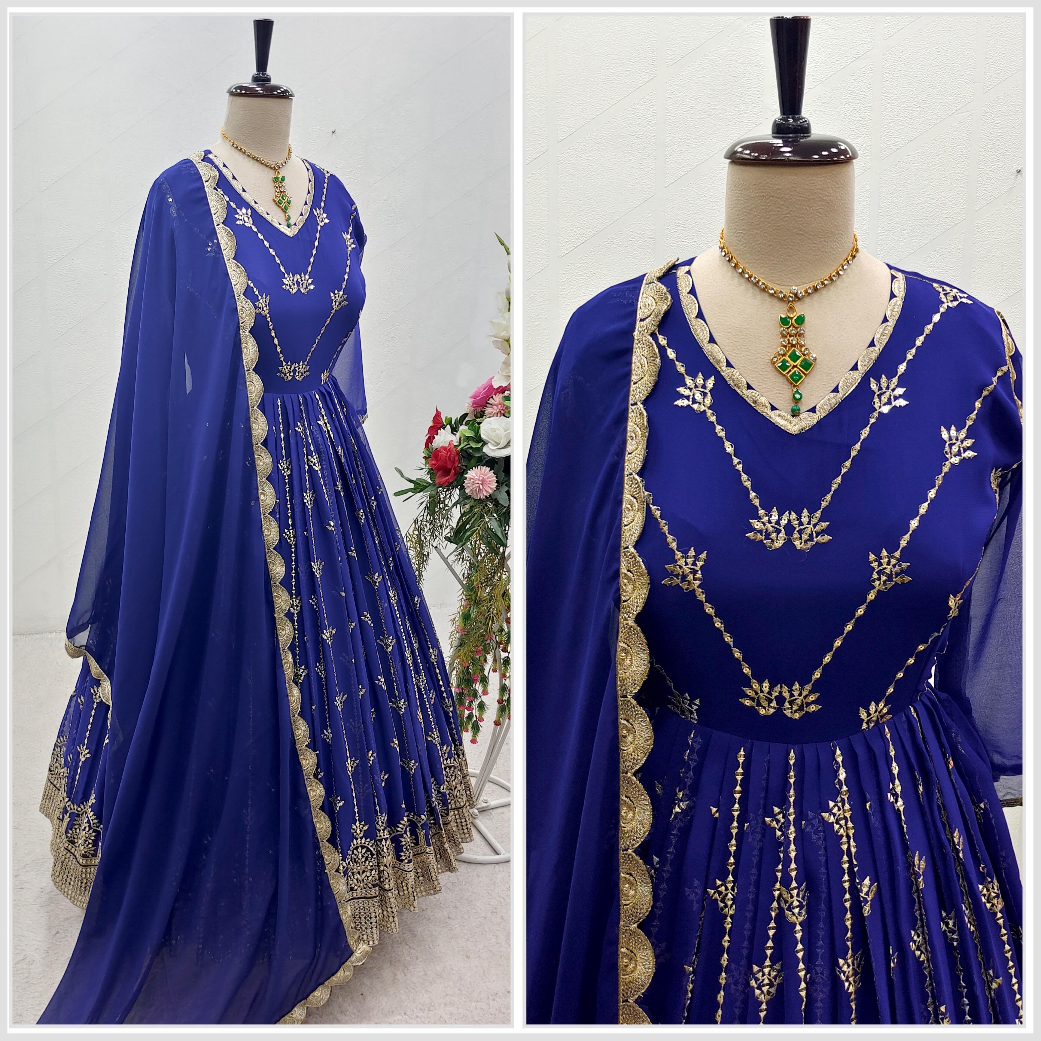 Captivating  Sequence Embroidery Work Blue Color Gown