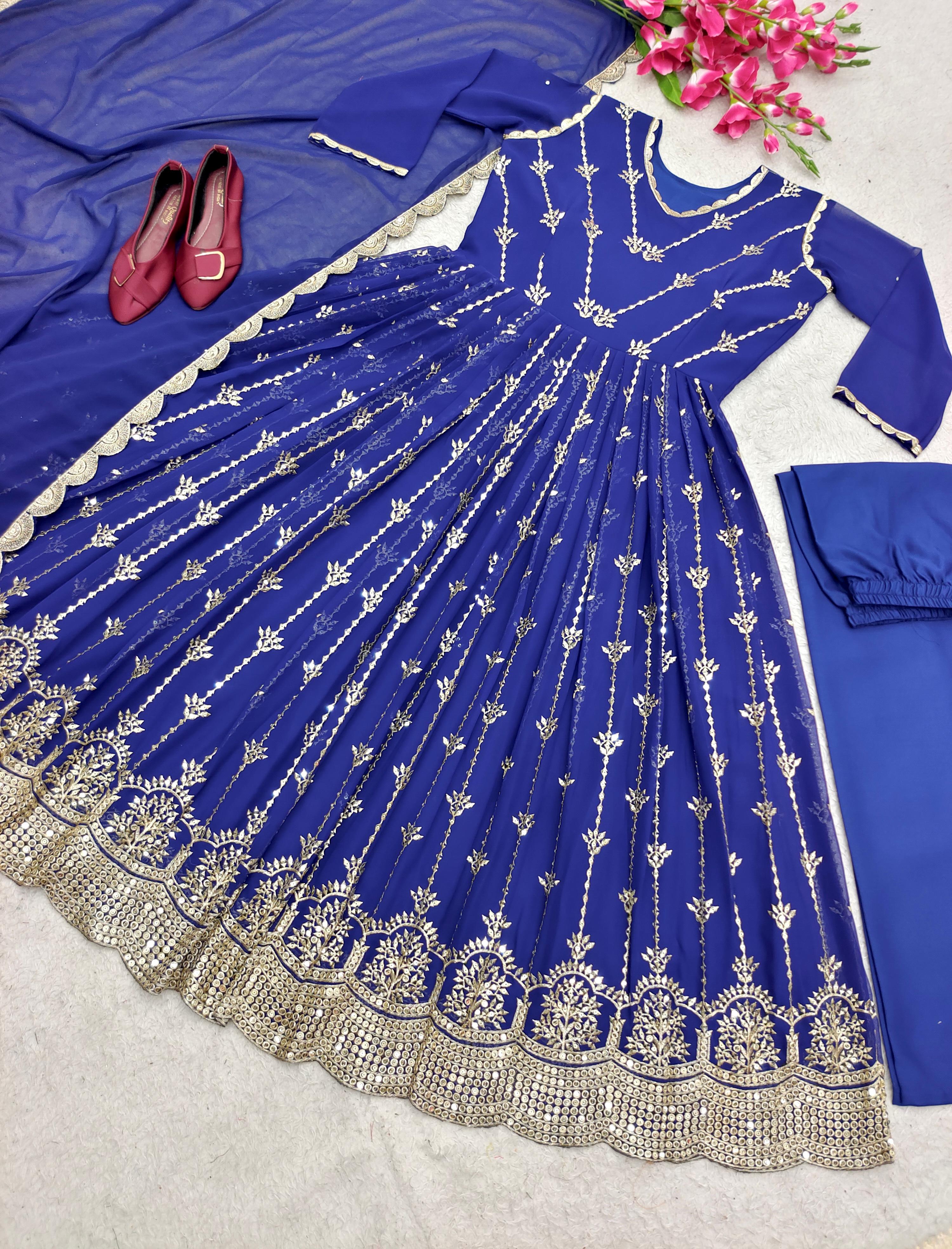 Captivating  Sequence Embroidery Work Blue Color Gown