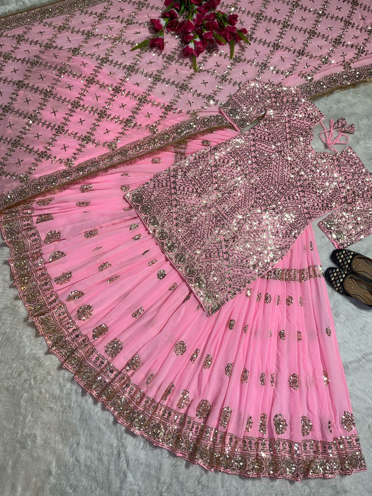 Stunning Sequence Work Pink Color Top With Lehenga