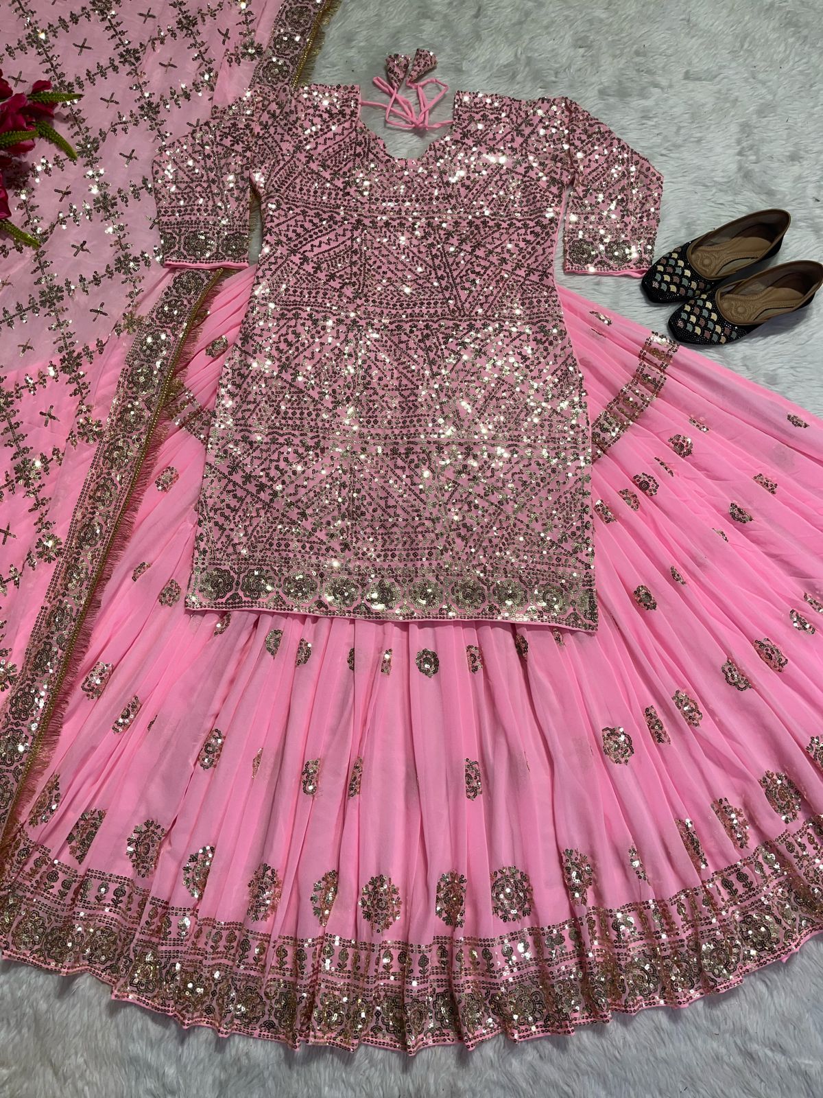 Stunning Sequence Work Pink Color Top With Lehenga