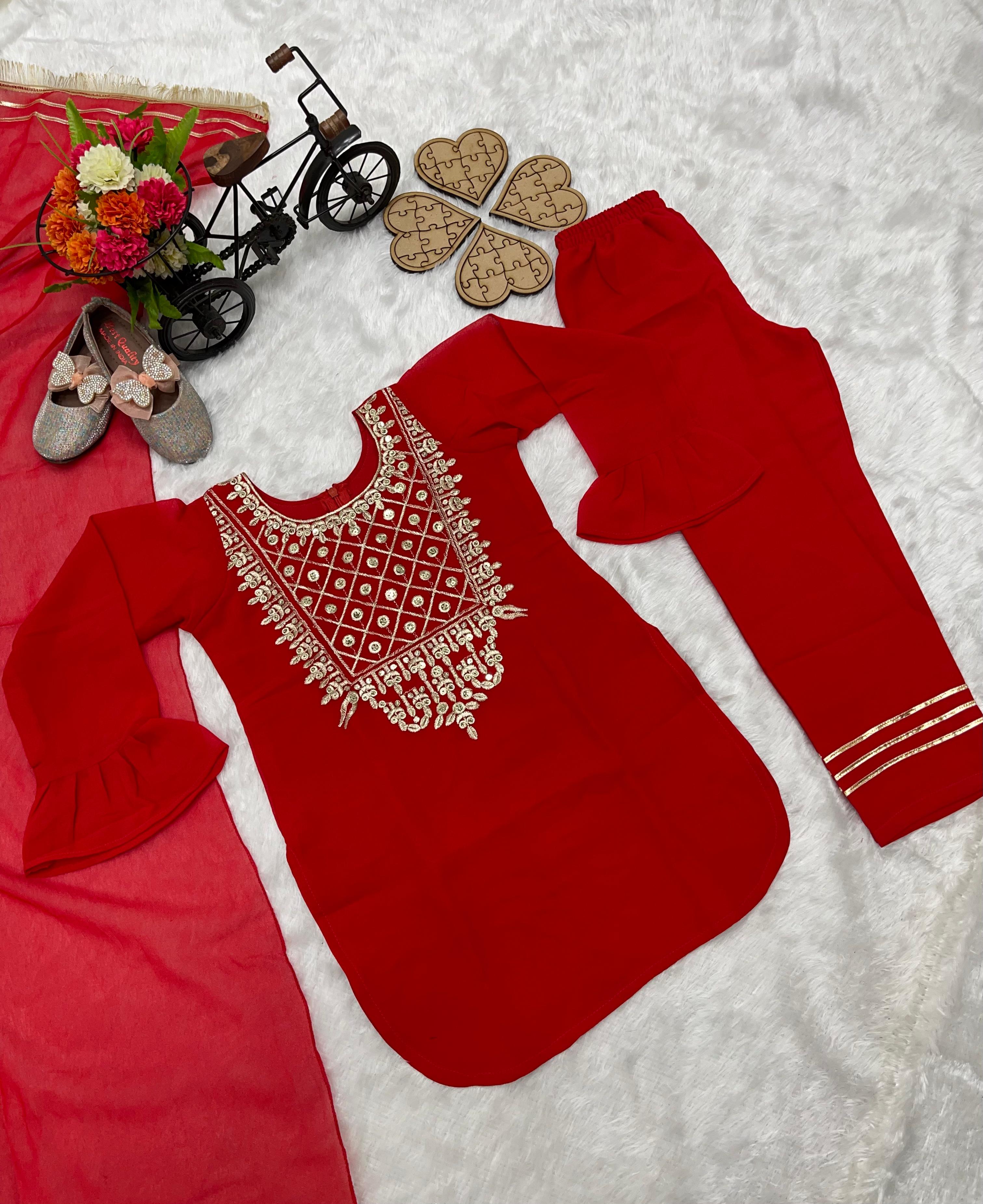 Attractive Embroidery Sequences Work Red Color Suit