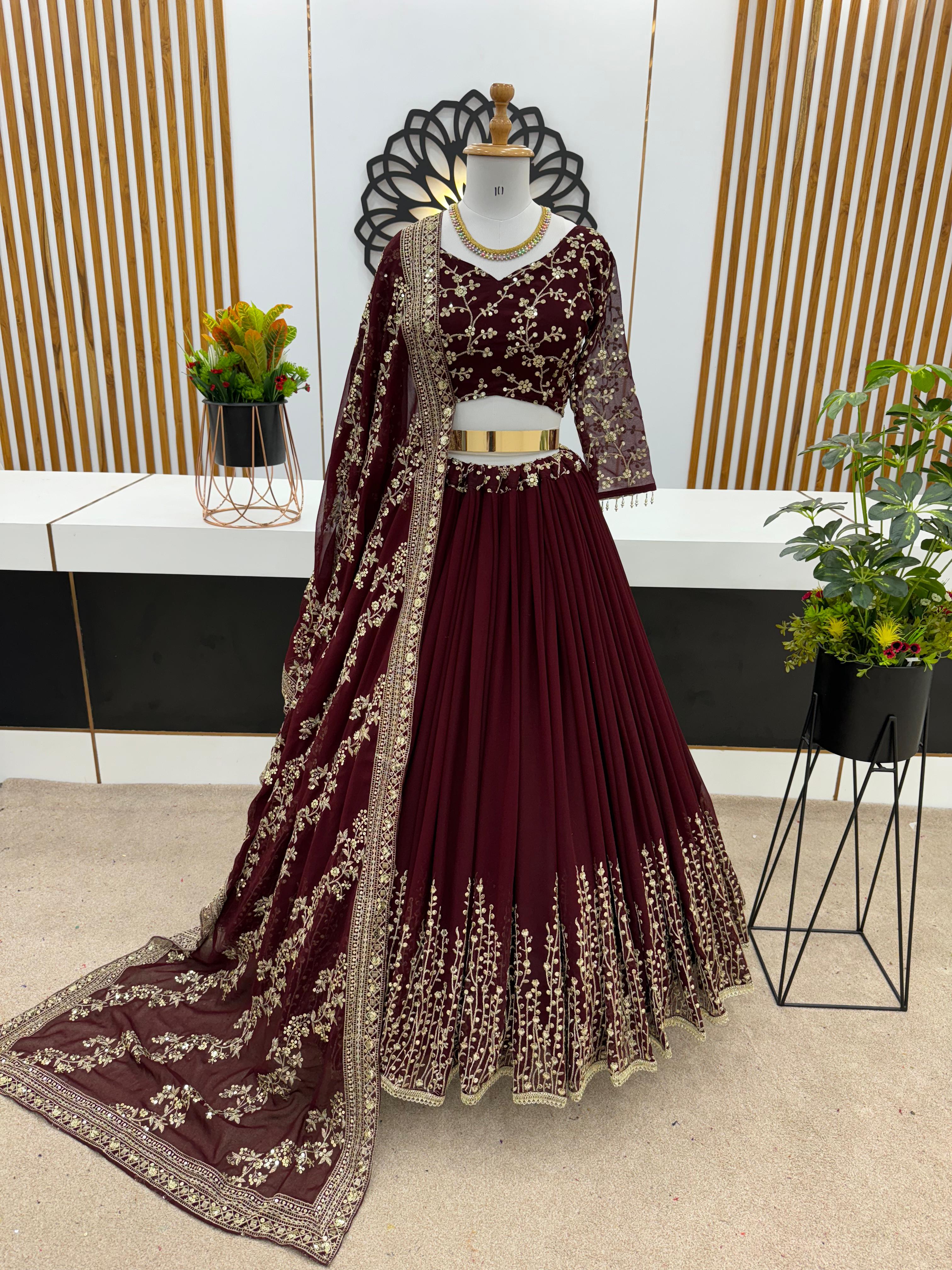 Captivating Maroon Color Heavy Embroidery Sequence Work Lehengha Choli