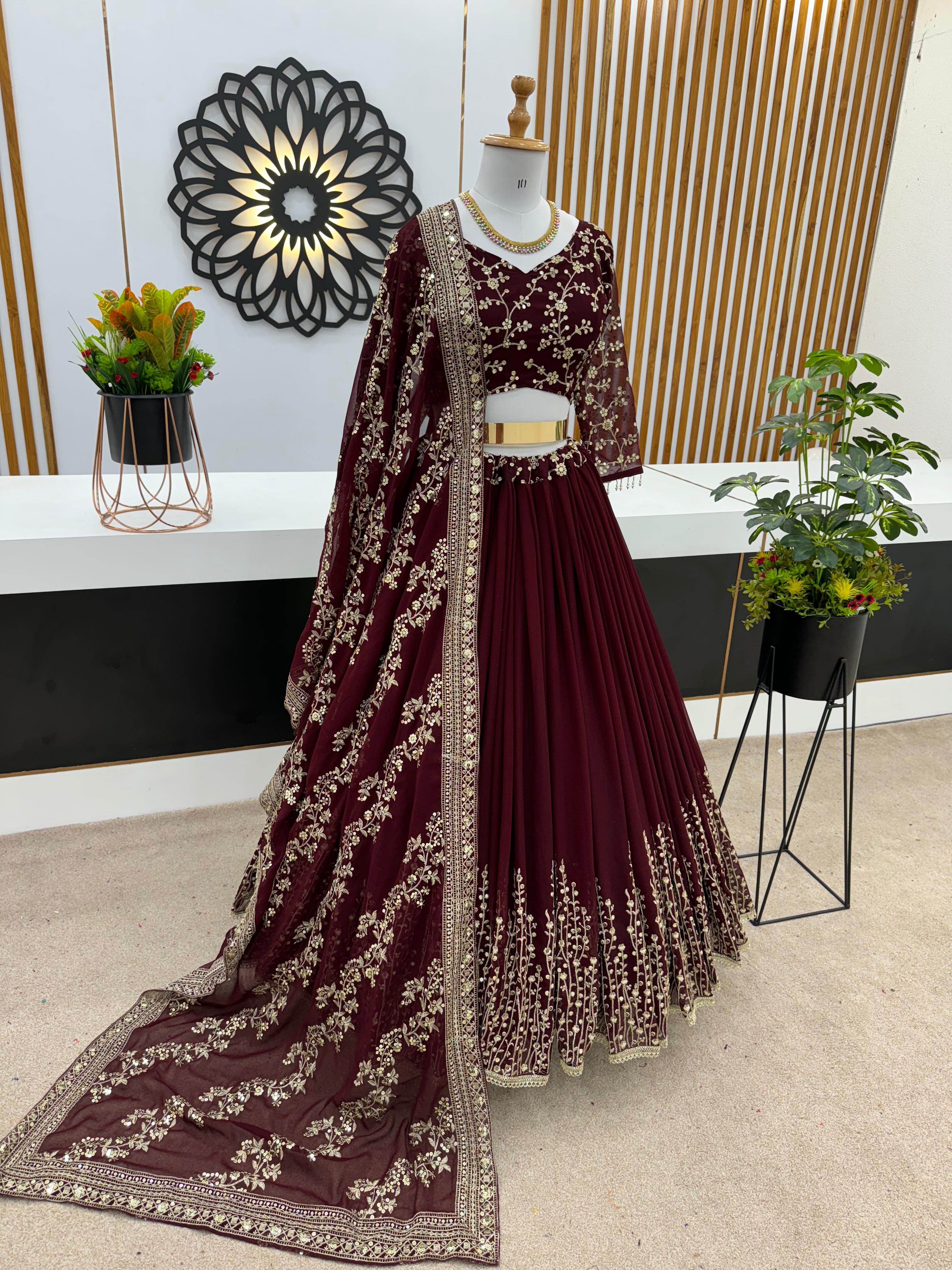 Captivating Maroon Color Heavy Embroidery Sequence Work Lehengha Choli