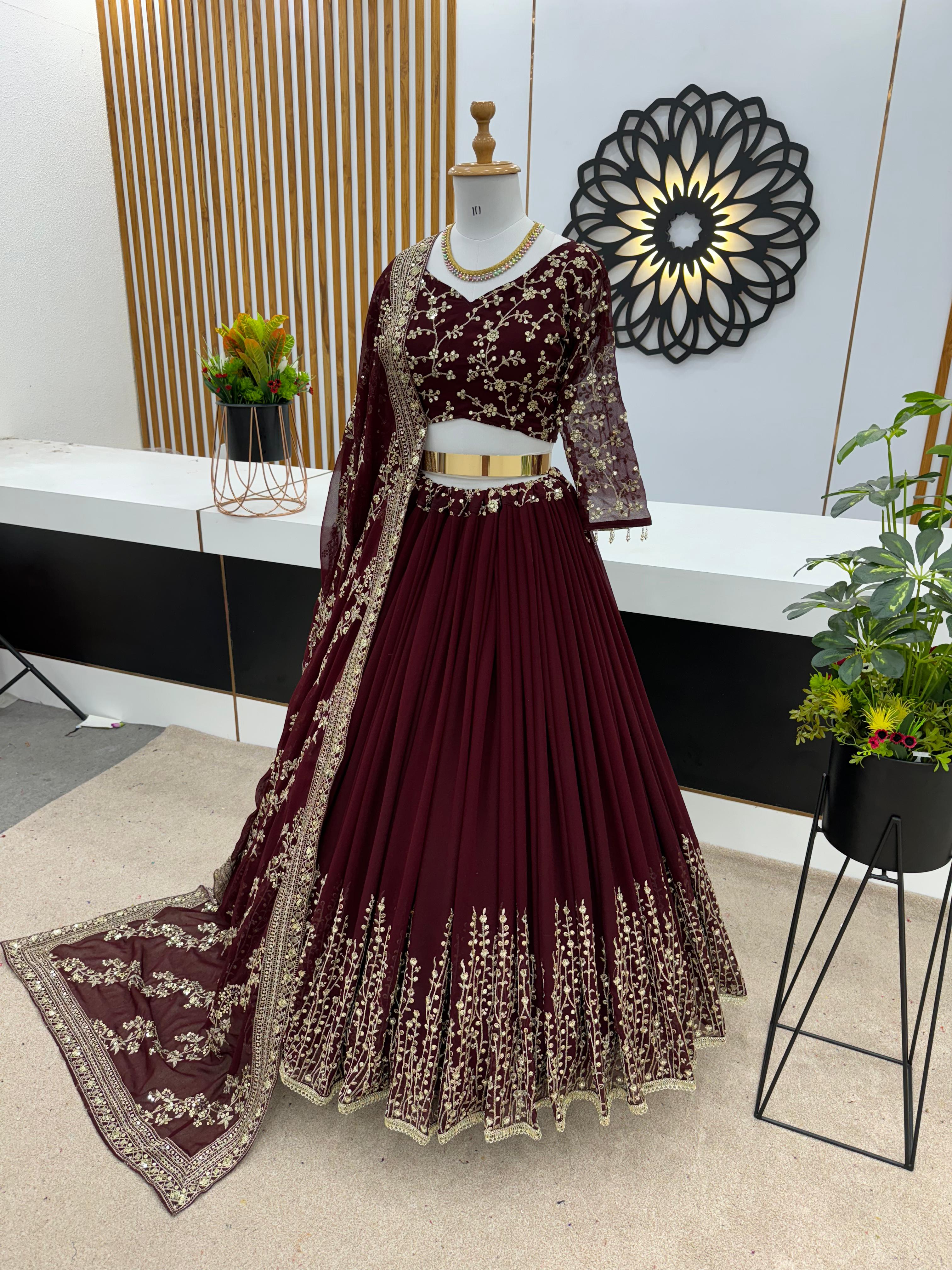 Captivating Maroon Color Heavy Embroidery Sequence Work Lehengha Choli