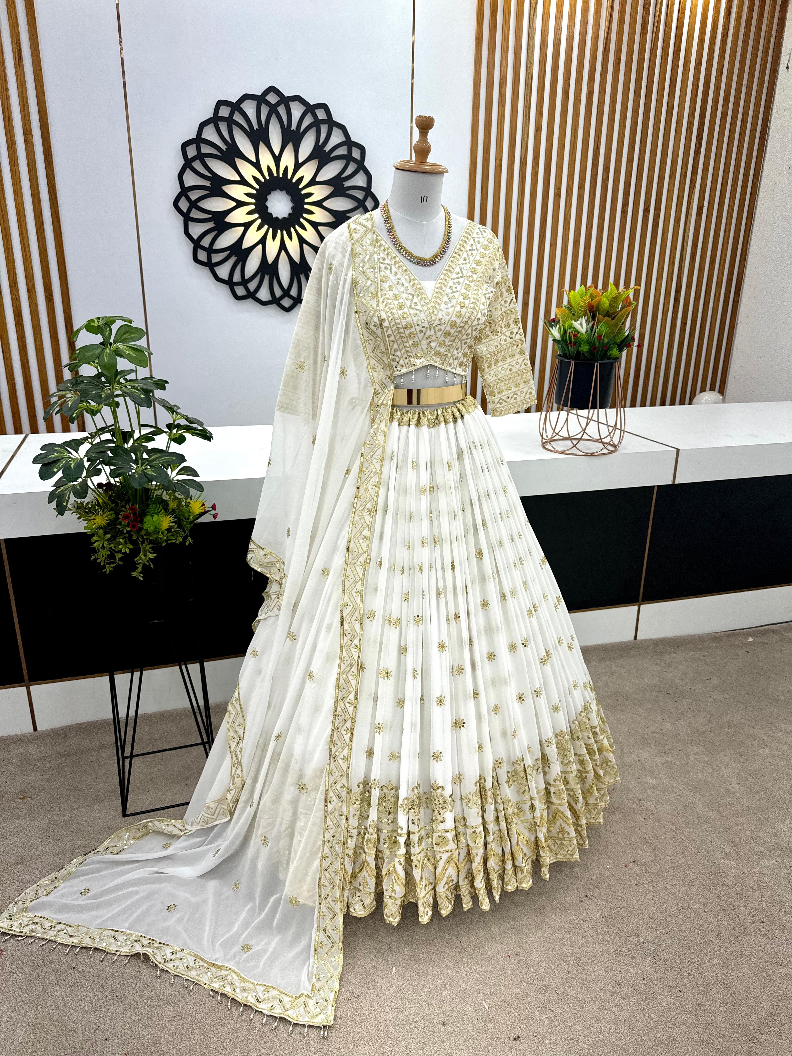 Captivating  White Color Embroidery Sequence Work Lehenga Choli