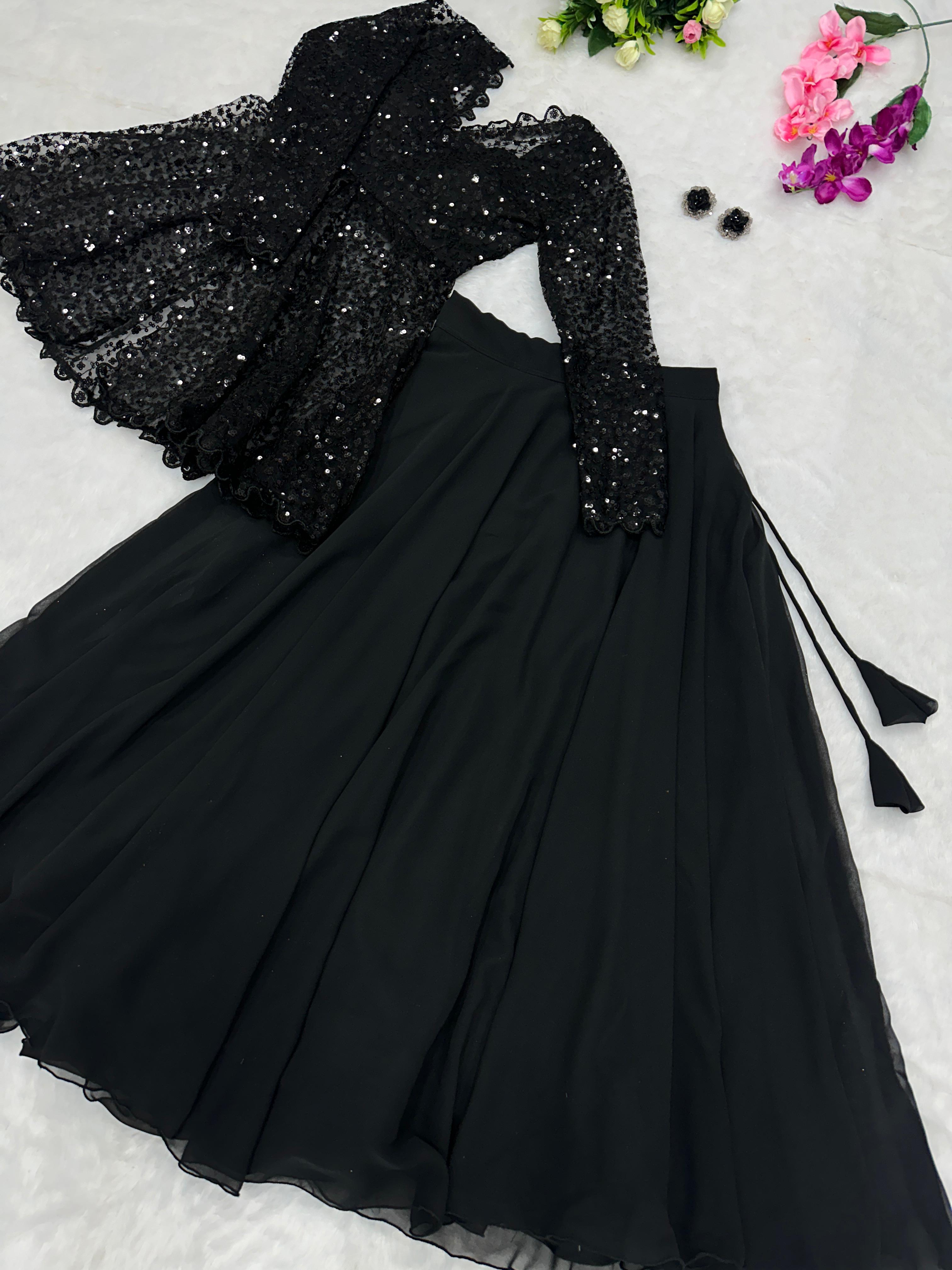 Captivating Embroidery Sequins Work Black Color Top With Lehenga