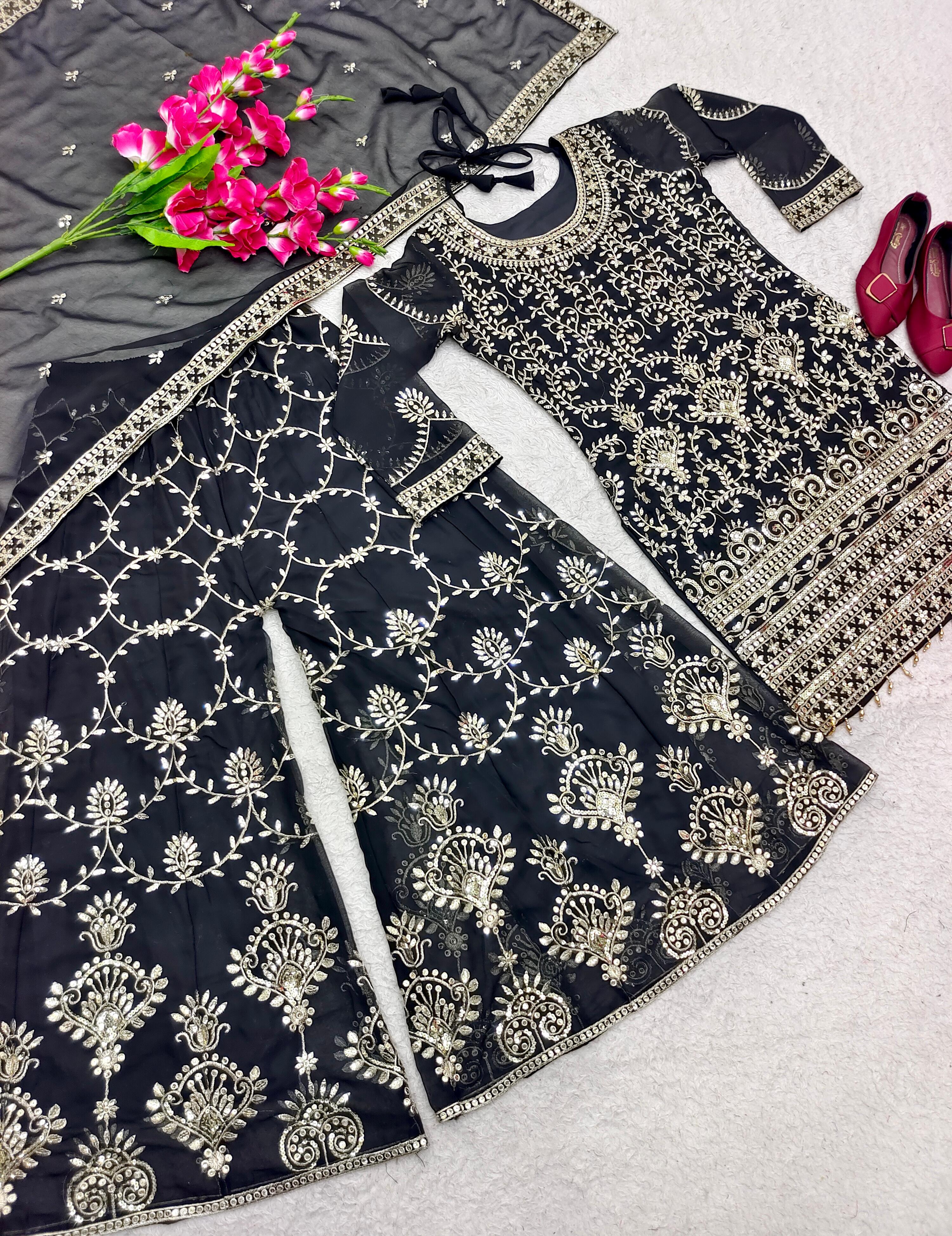 Luxuriant Embroidery Work Black Color Sharara Suit