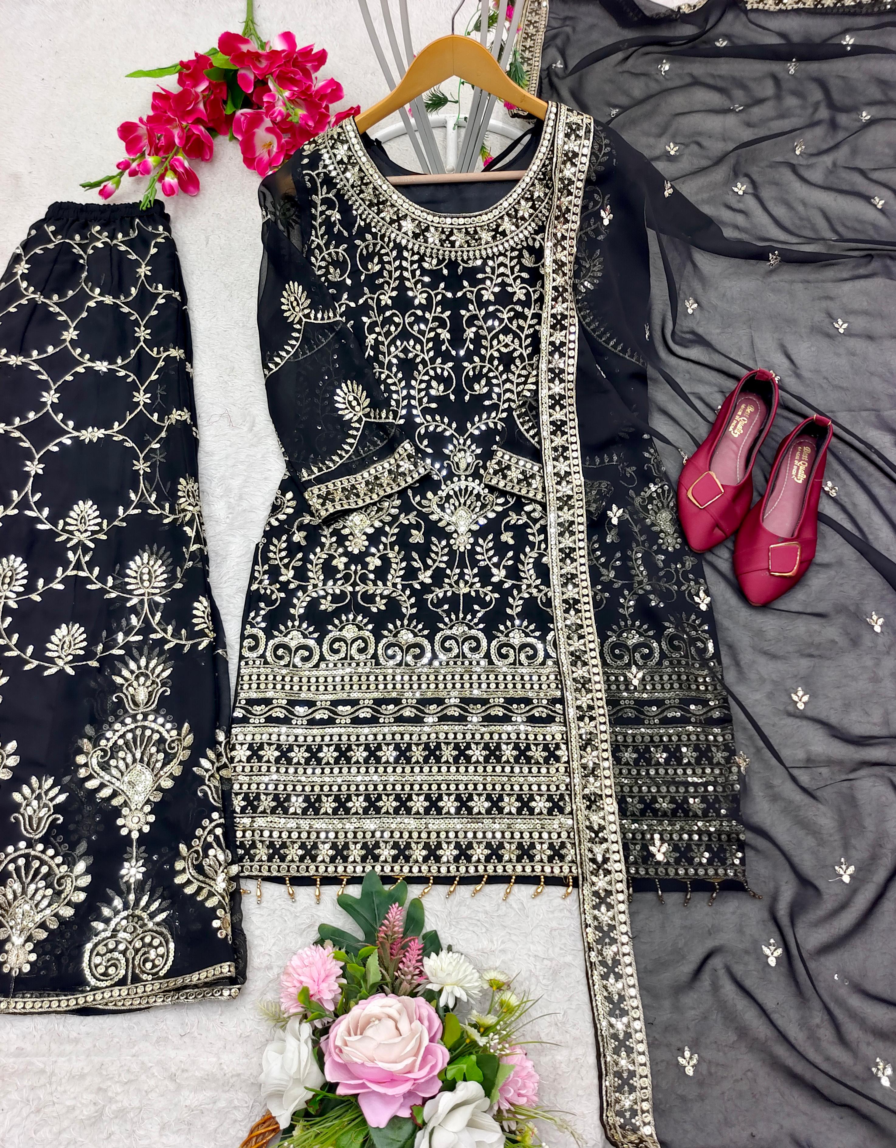 Luxuriant Embroidery Work Black Color Sharara Suit