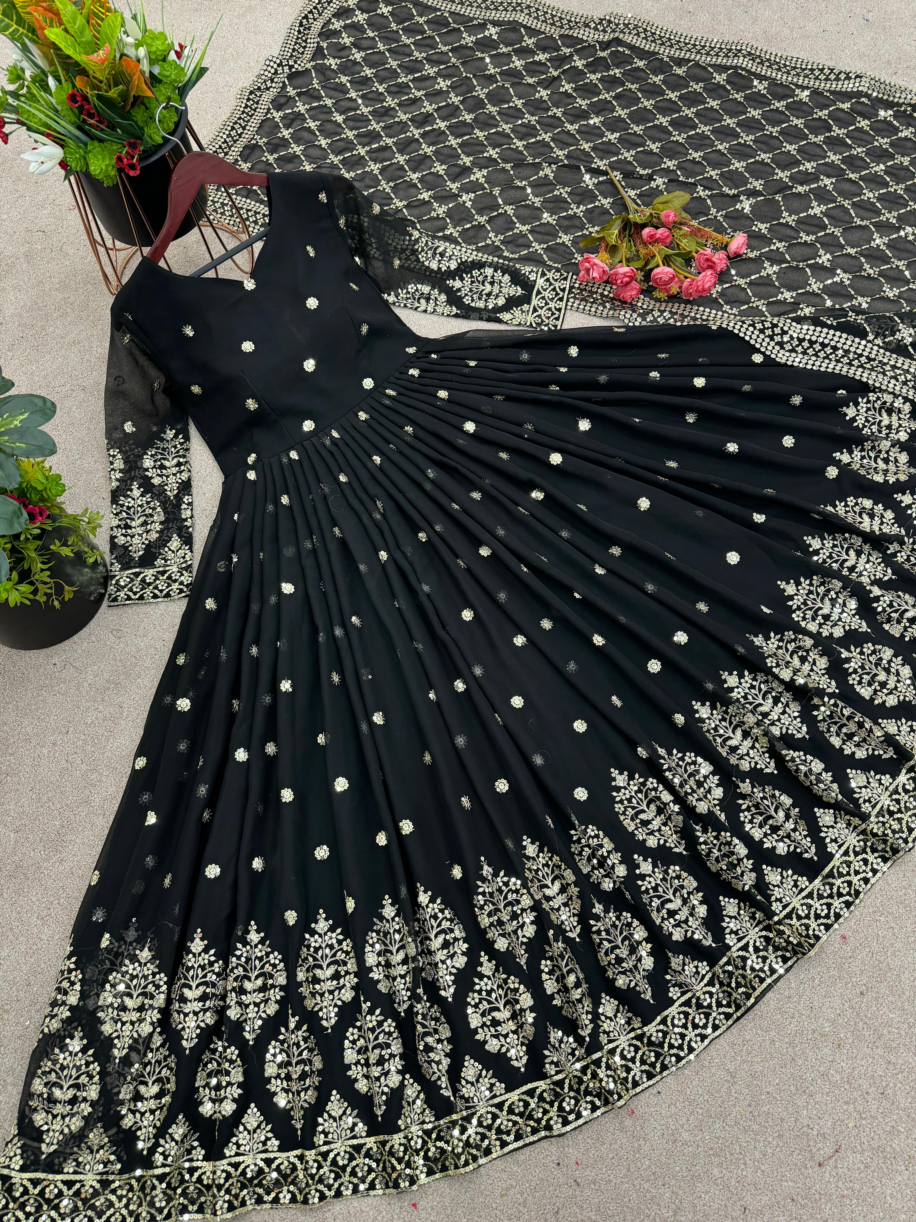 Mesmerizing Embroidery Sequence Work Black Color Long Gown