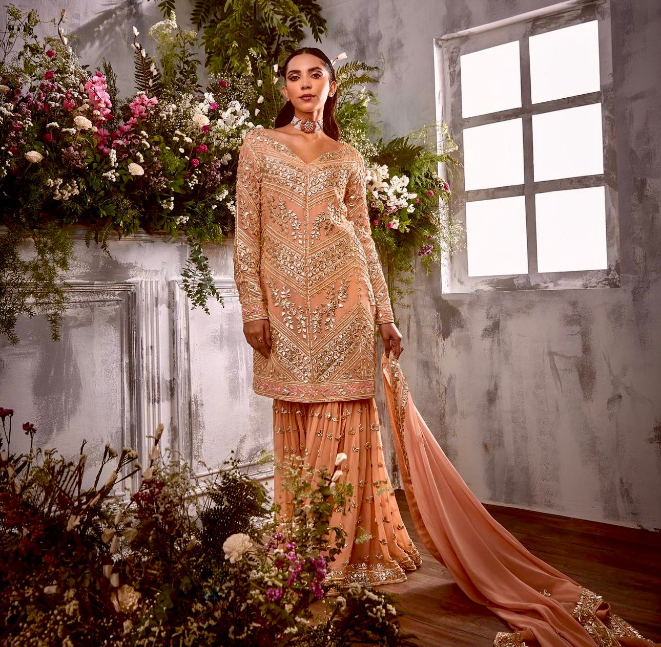 Fashionable Sequences Embroidery Work Peach Color Sharara Suit