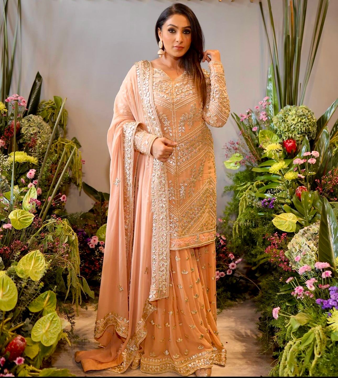 Fashionable Sequences Embroidery Work Peach Color Sharara Suit