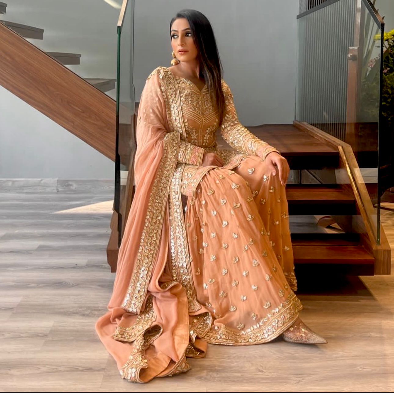 Fashionable Sequences Embroidery Work Peach Color Sharara Suit