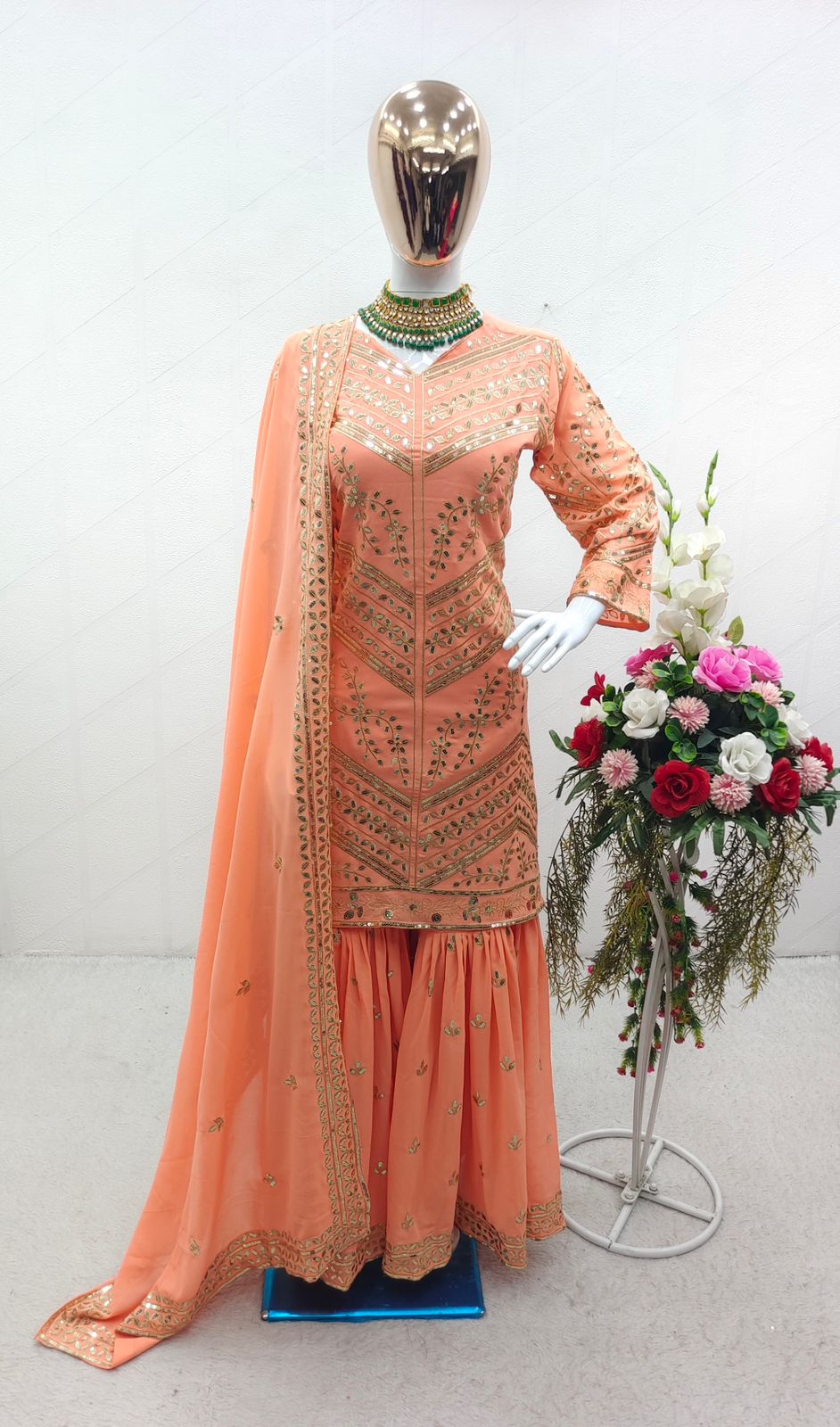 Fashionable Sequences Embroidery Work Peach Color Sharara Suit