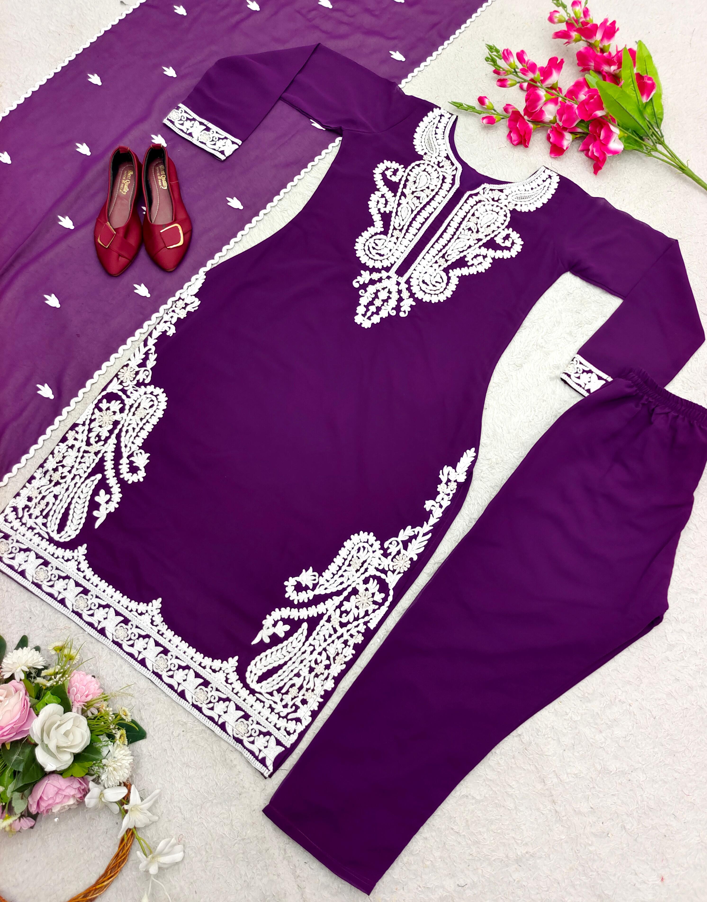 Outstanding  Embroidery Work Purple Color Anarkali Suit