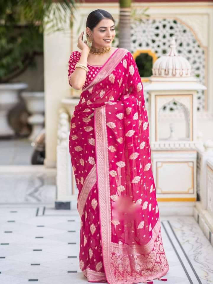 Embellished Pink Color Jacquard Border Silk Saree