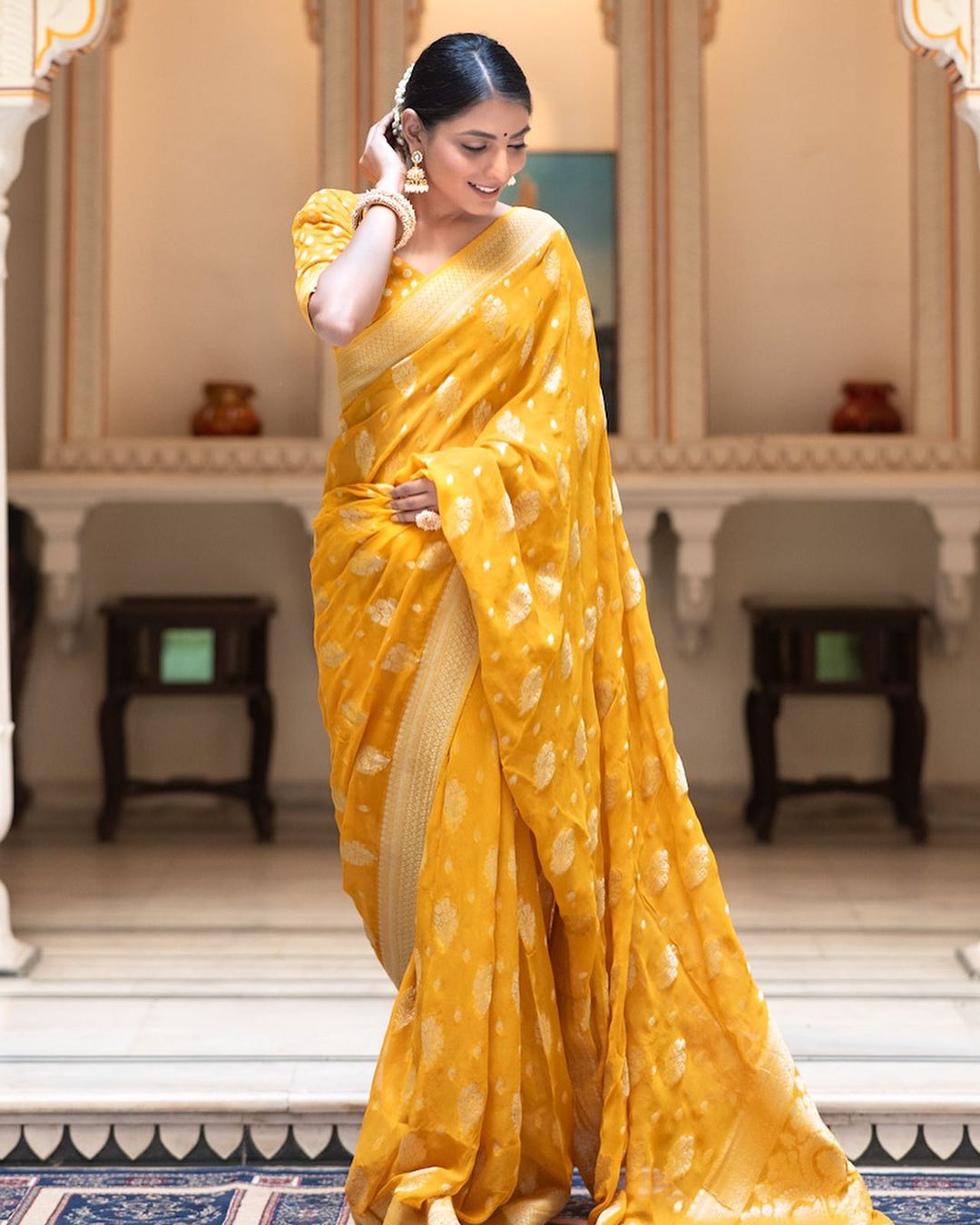 Embellished Yellow Color Jacquard Border Silk Saree