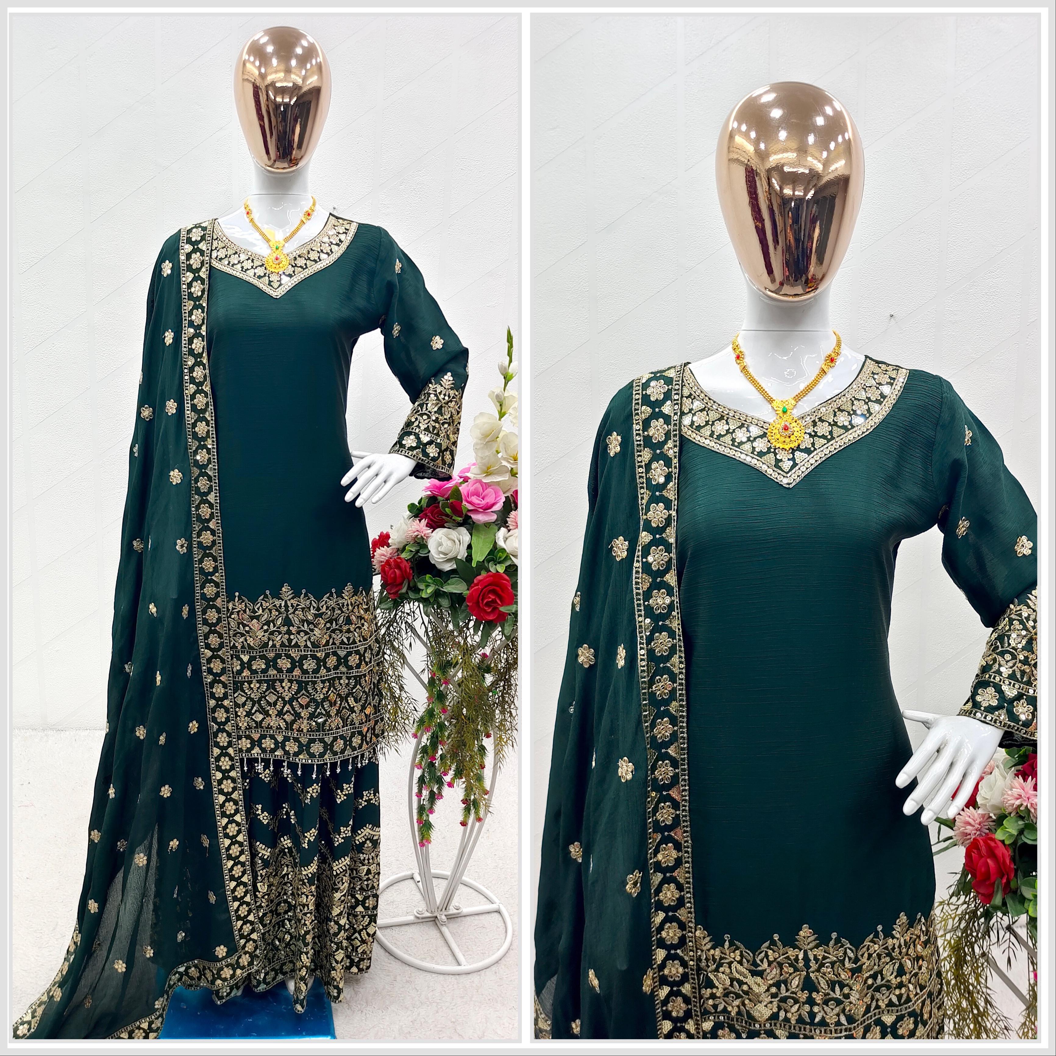Marvelous  Sequences Embroidery Work Green Color Sharara Suit