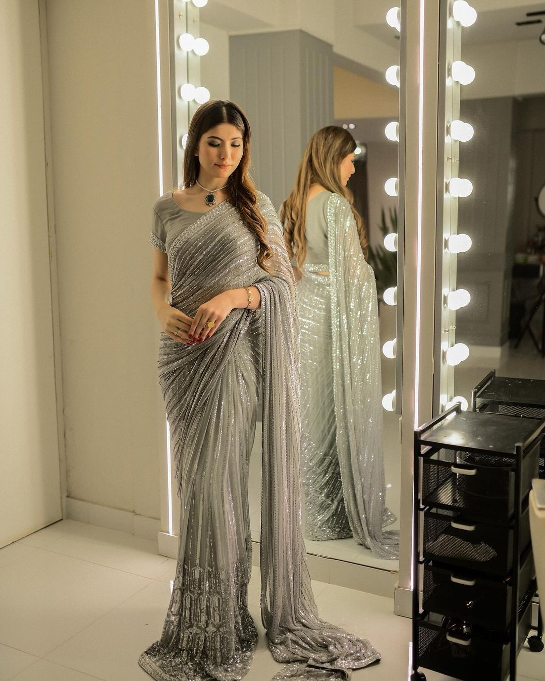 Luxuriant Sequins Embroidery Work Grey  Color Saree