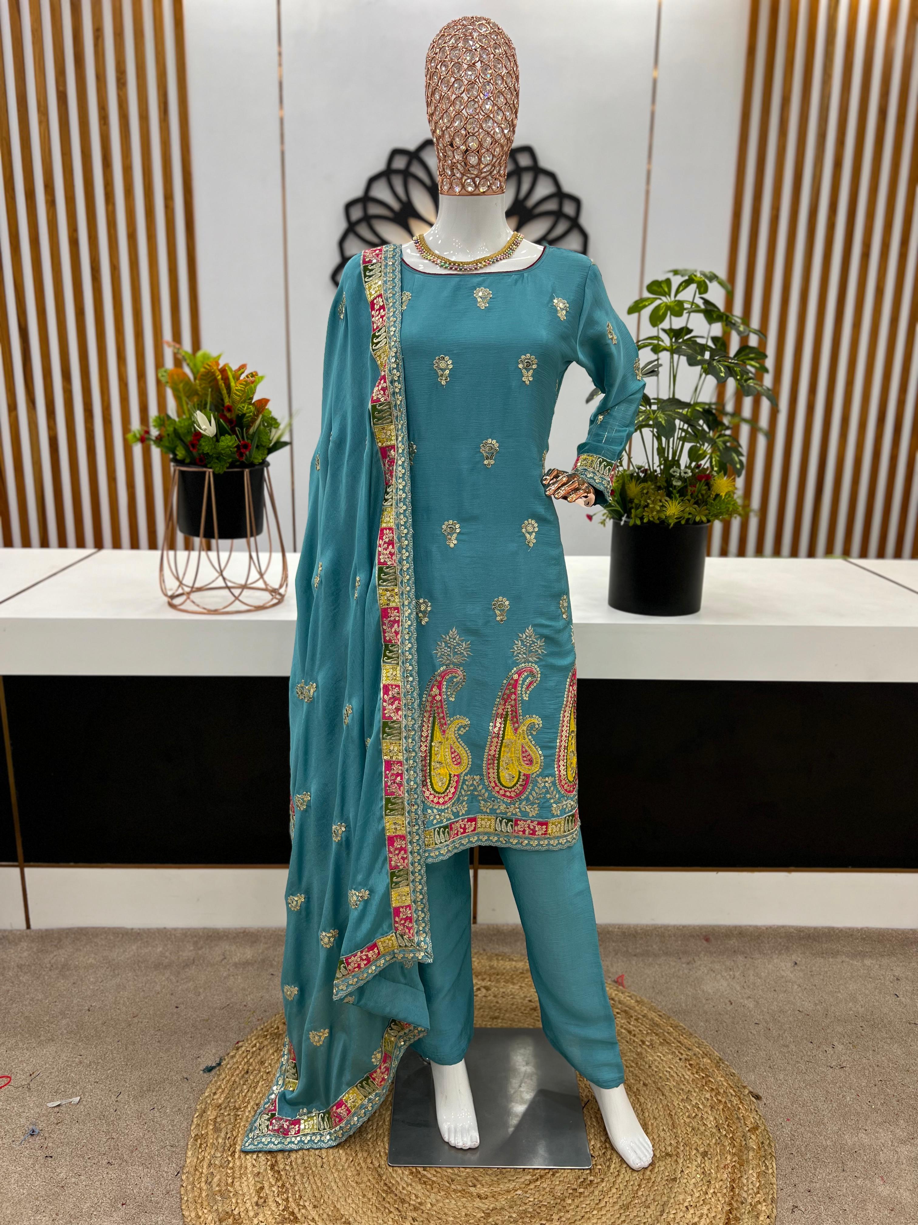Beautiful Embroidery Sequence Work Rama Color Sharara Suit
