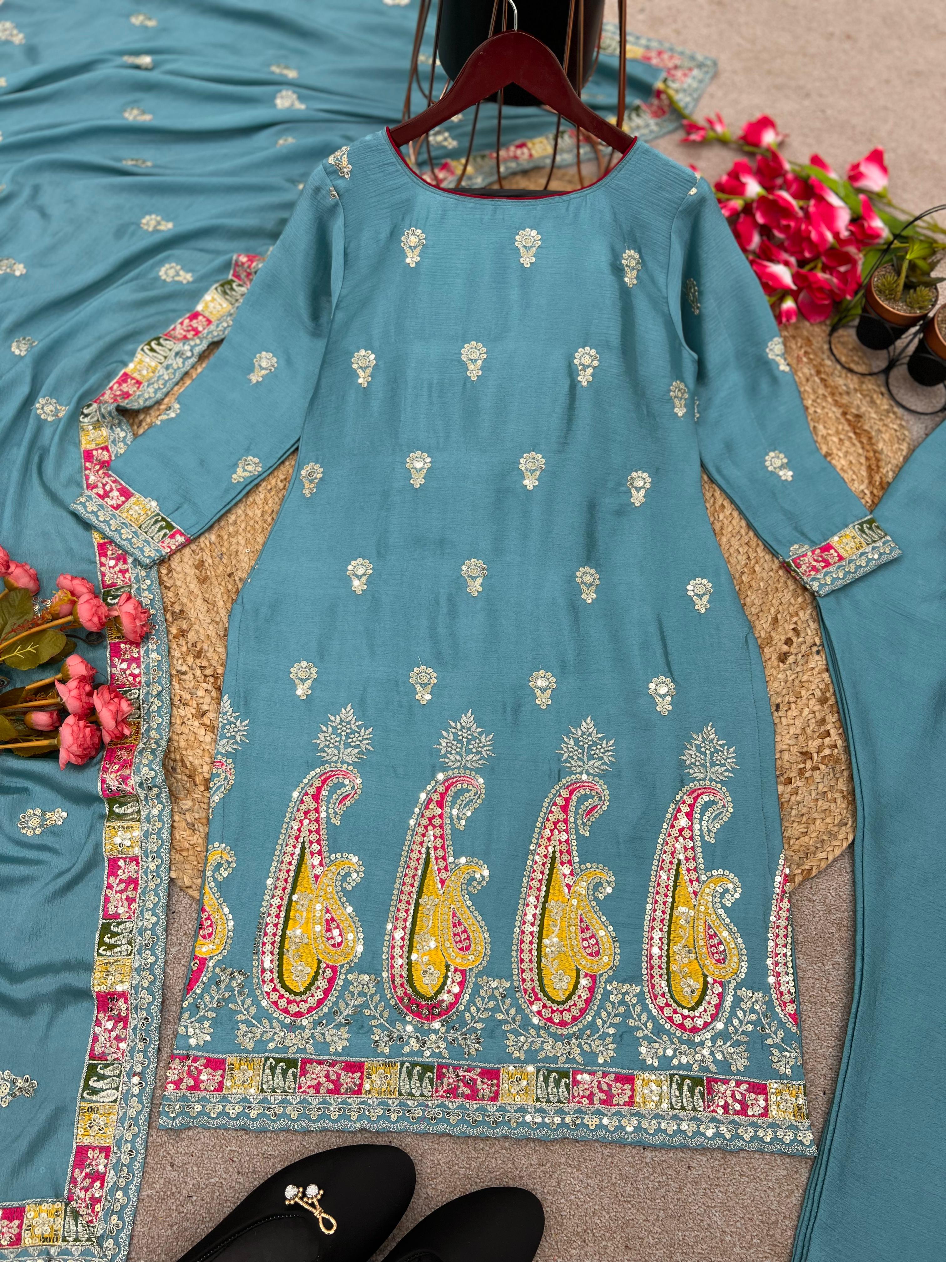 Beautiful Embroidery Sequence Work Rama Color Sharara Suit