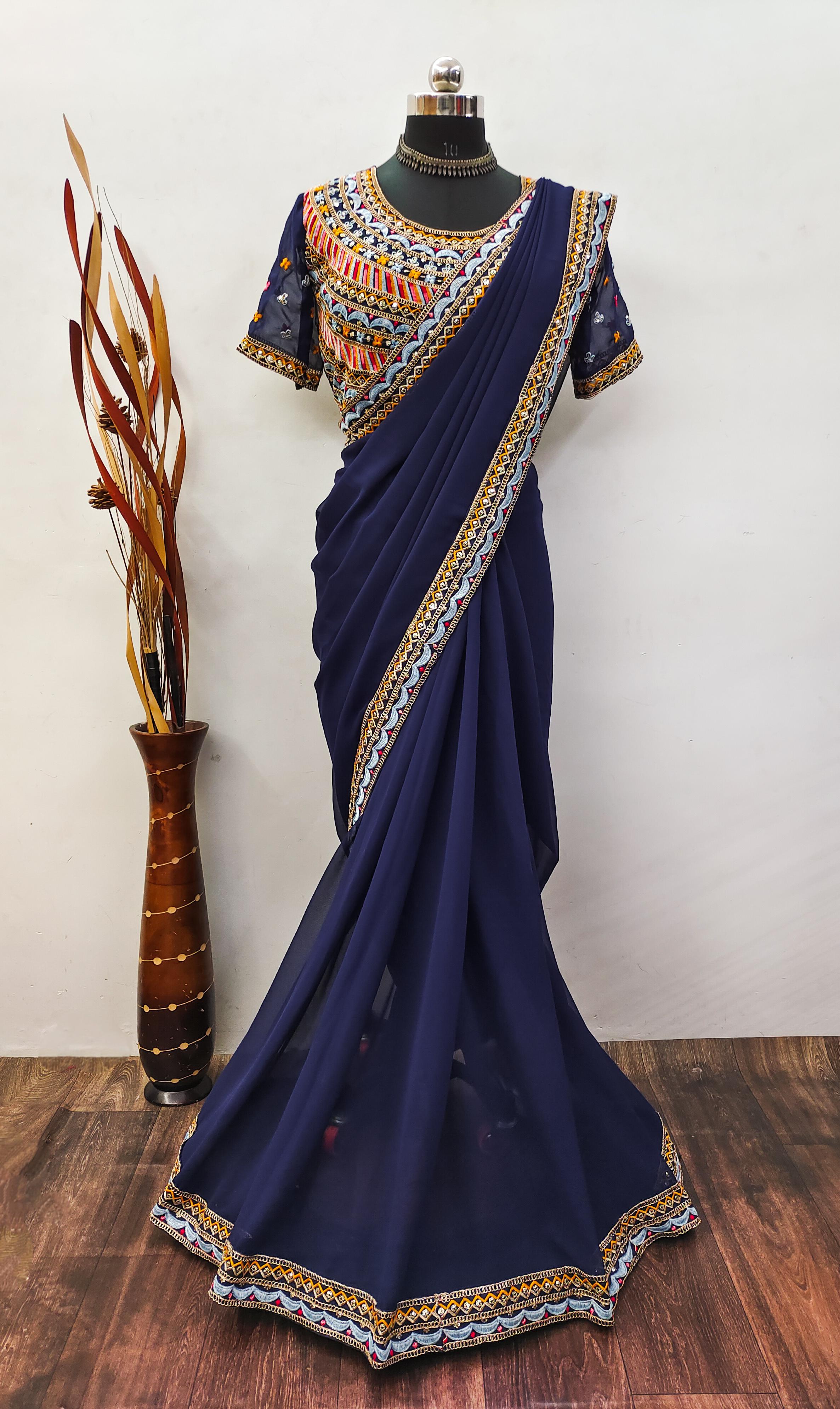 Marvelous Navy Blue Color Embroidery Sequins Work Ready To Wear saree