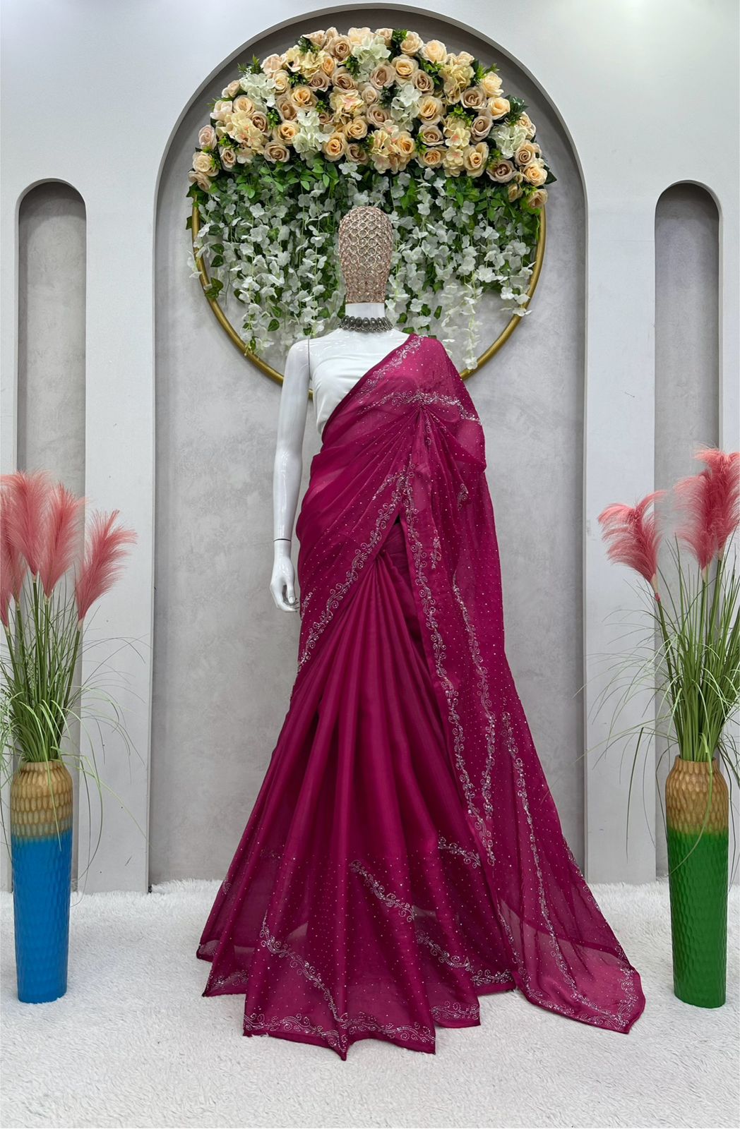 New   Embellished Work Wine Color Party Wear Saree