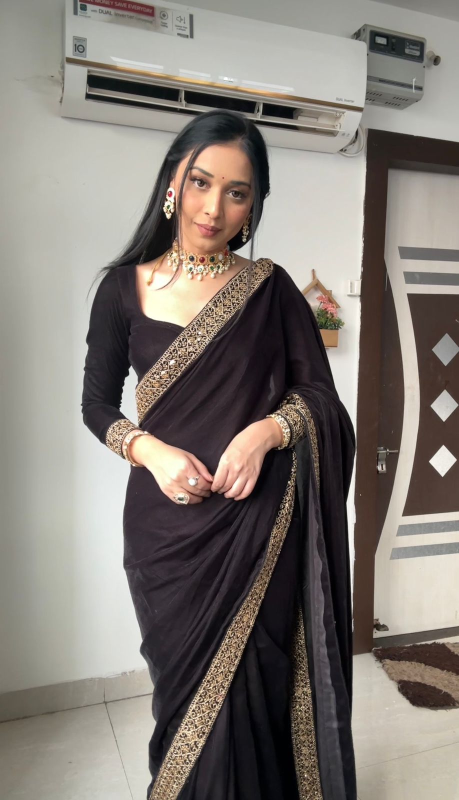 Glimmering Embroidery Work Black Color Ready To Wear Saree