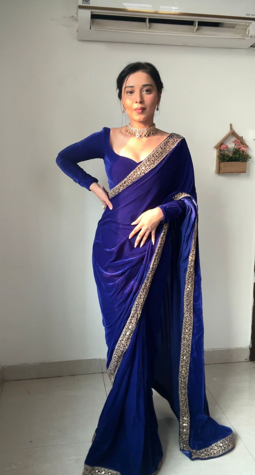 Glimmering Embroidery Work Blue Color Ready To Wear Saree