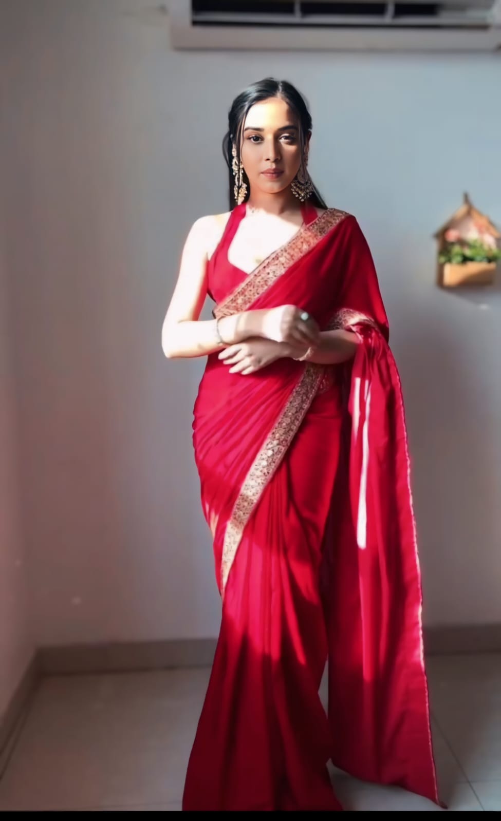 Glimmering Embroidery Work Red  Color Ready To Wear Saree