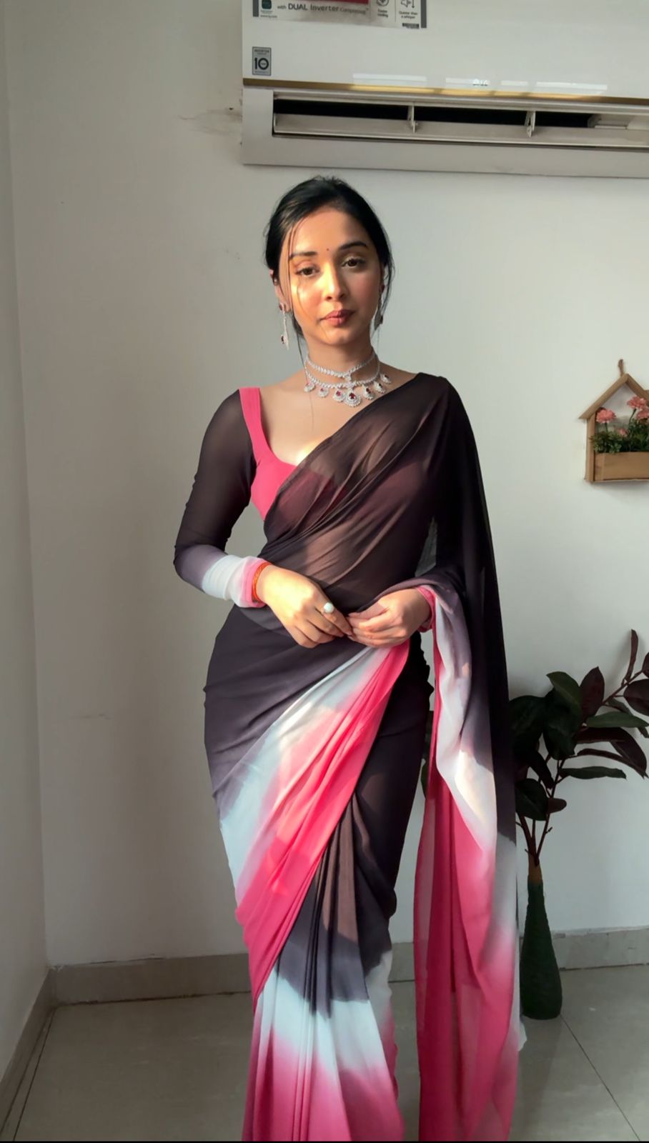 Stunning Black And Pink Color Silk Ready To Wear Saree