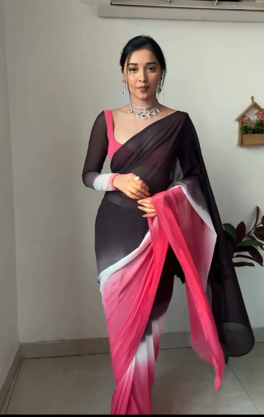 Stunning Black And Pink Color Silk Ready To Wear Saree