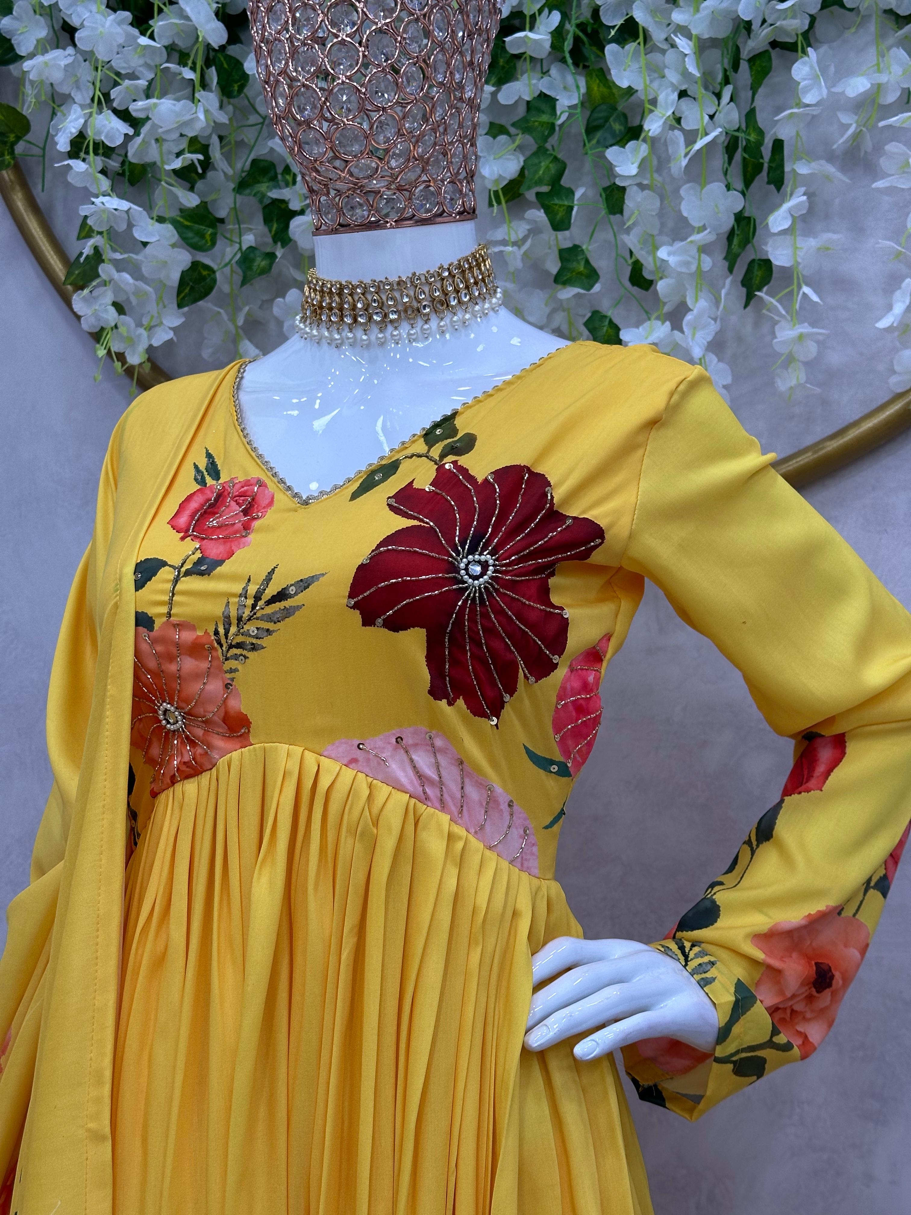 Trendy Digital Print With Hand Work Yellow Color Aliyacut Anarkali Suit