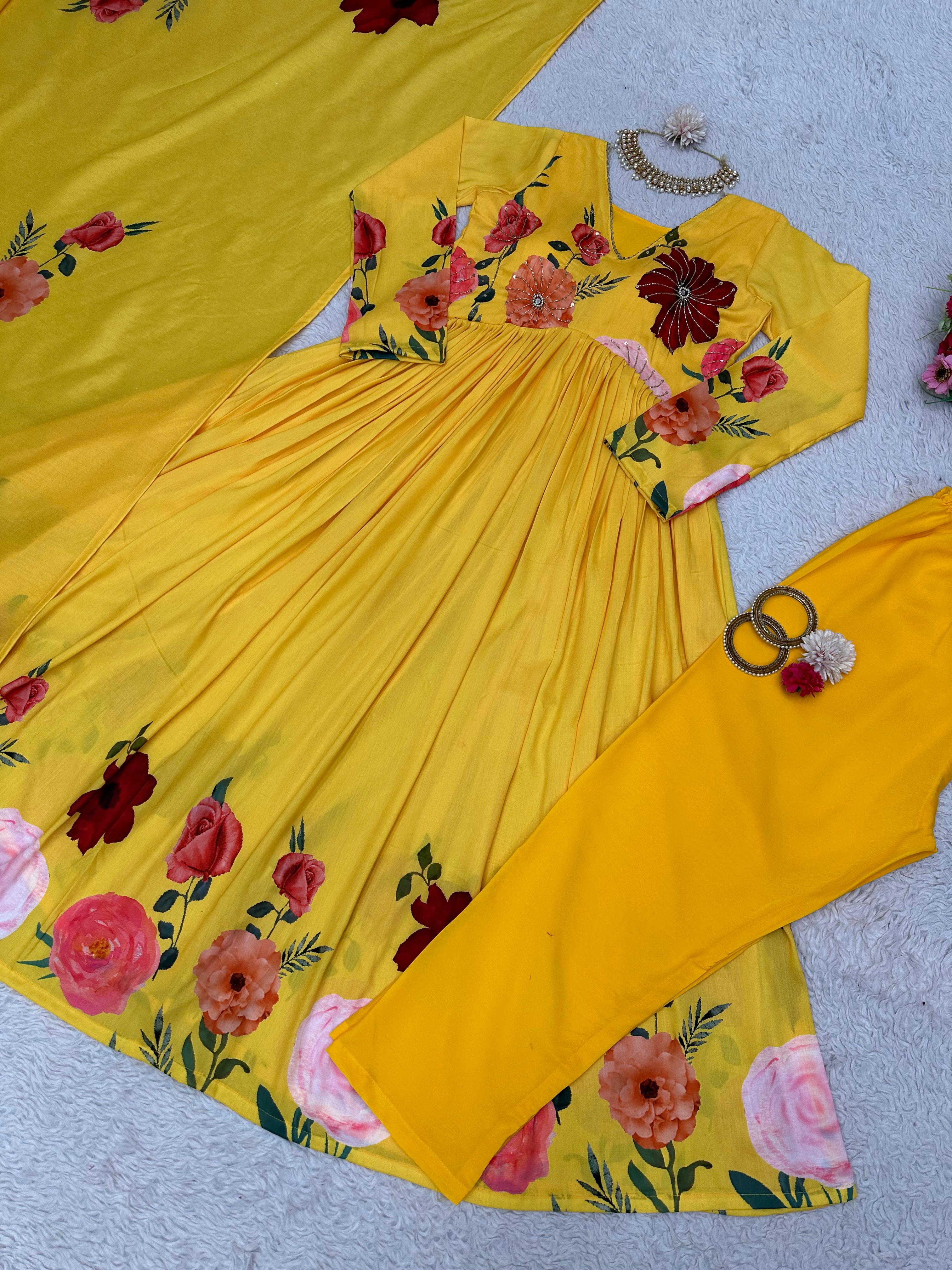 Trendy Digital Print With Hand Work Yellow Color Aliyacut Anarkali Suit