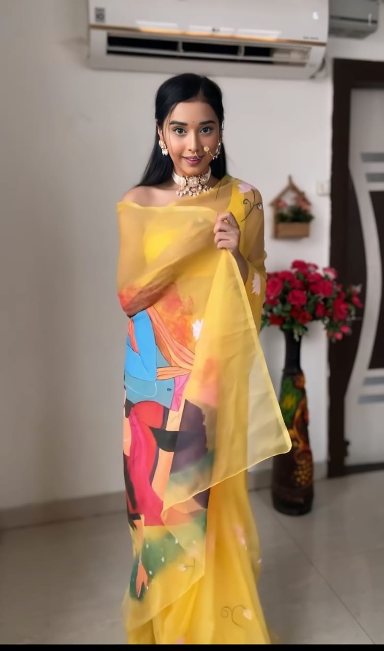 Awesome Yellow Color Radha Krishna Design Ready To Wear Saree