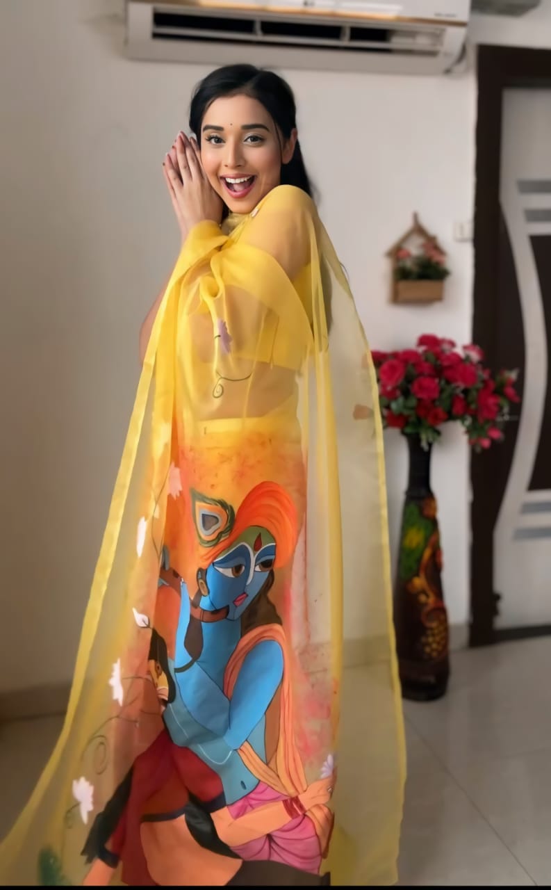 Awesome Yellow Color Radha Krishna Design Ready To Wear Saree