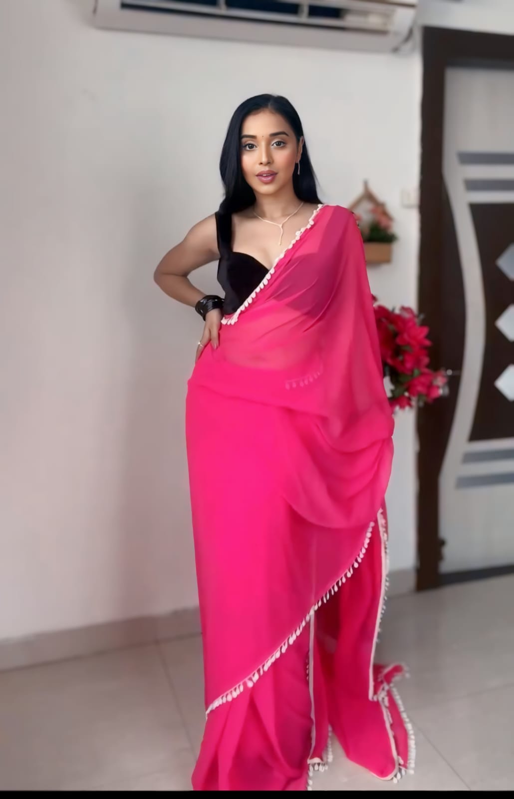 Beautiful Pink Color Ready To Wear Saree