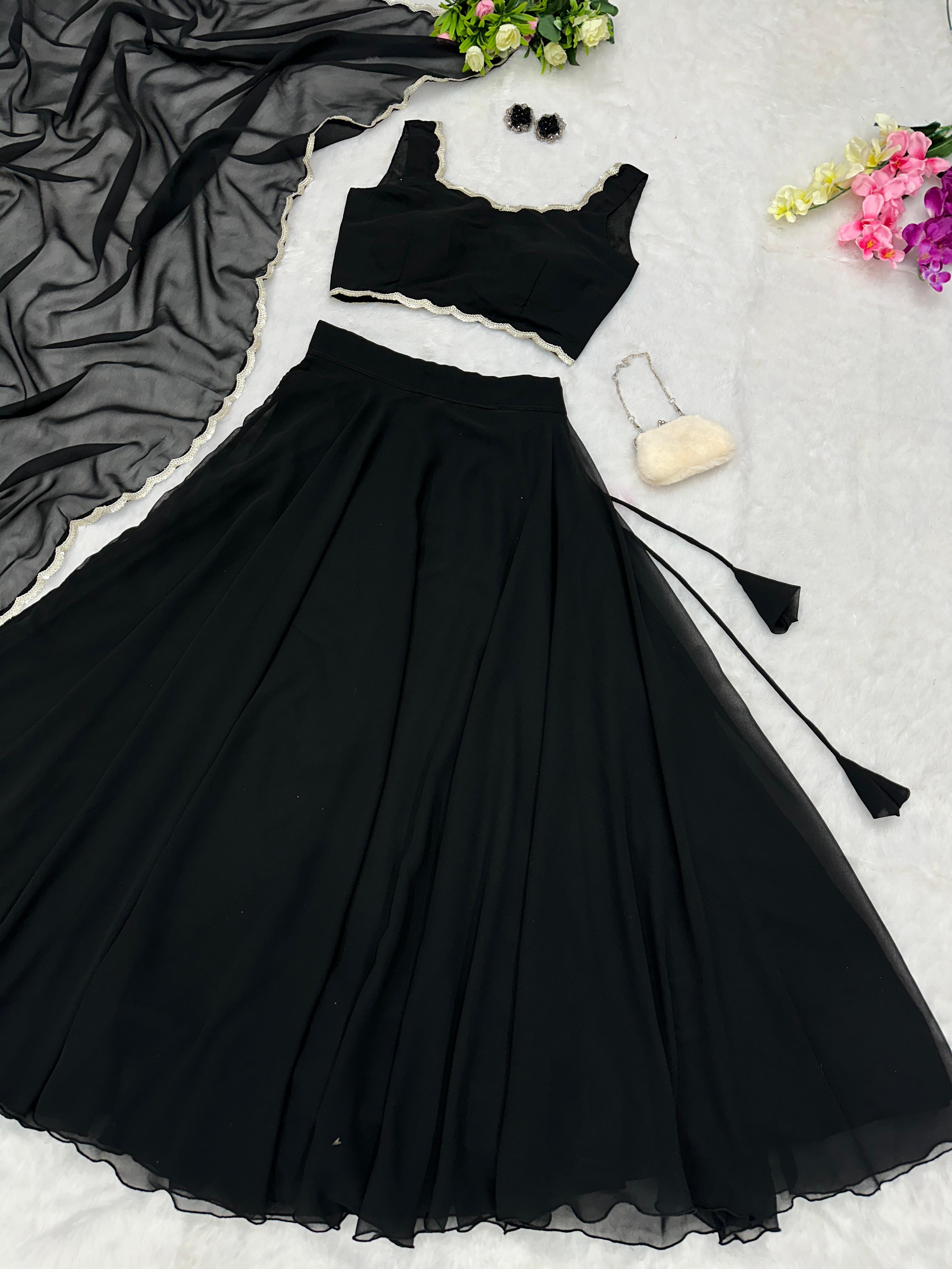 Trendy Party Wear Plain Black Color Lehenga Choli