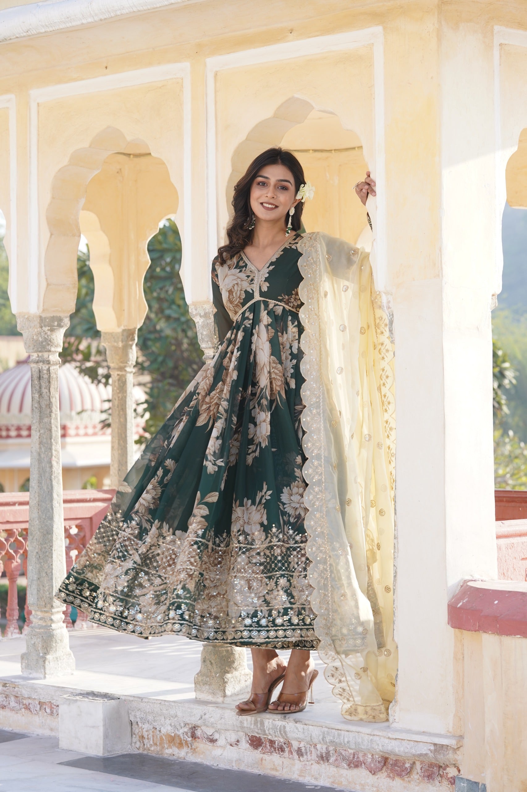 Marvelous Embroidery Work Digital Print Green Gown