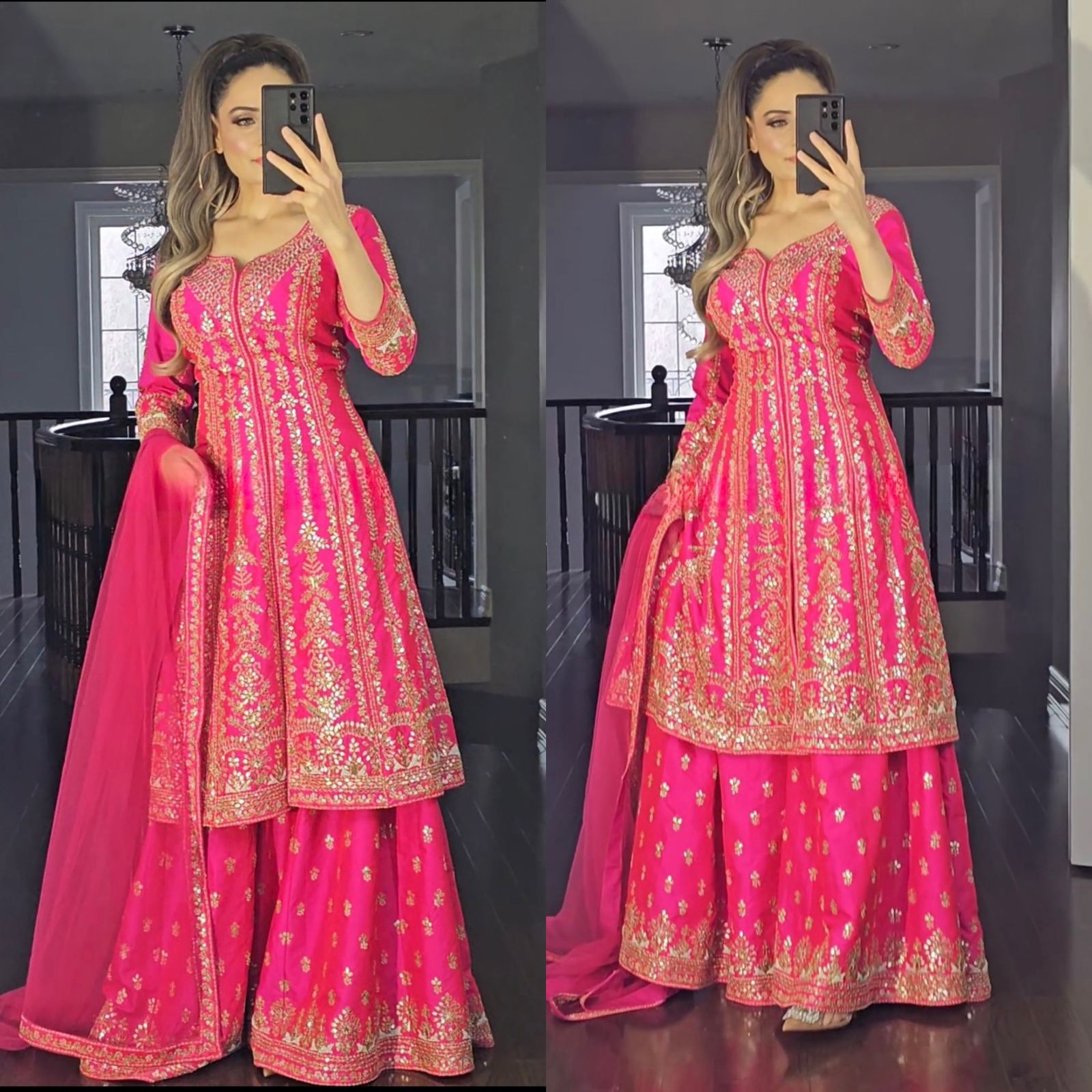 Alluring Embroidery Sequence Work Pink Color Sharara suit