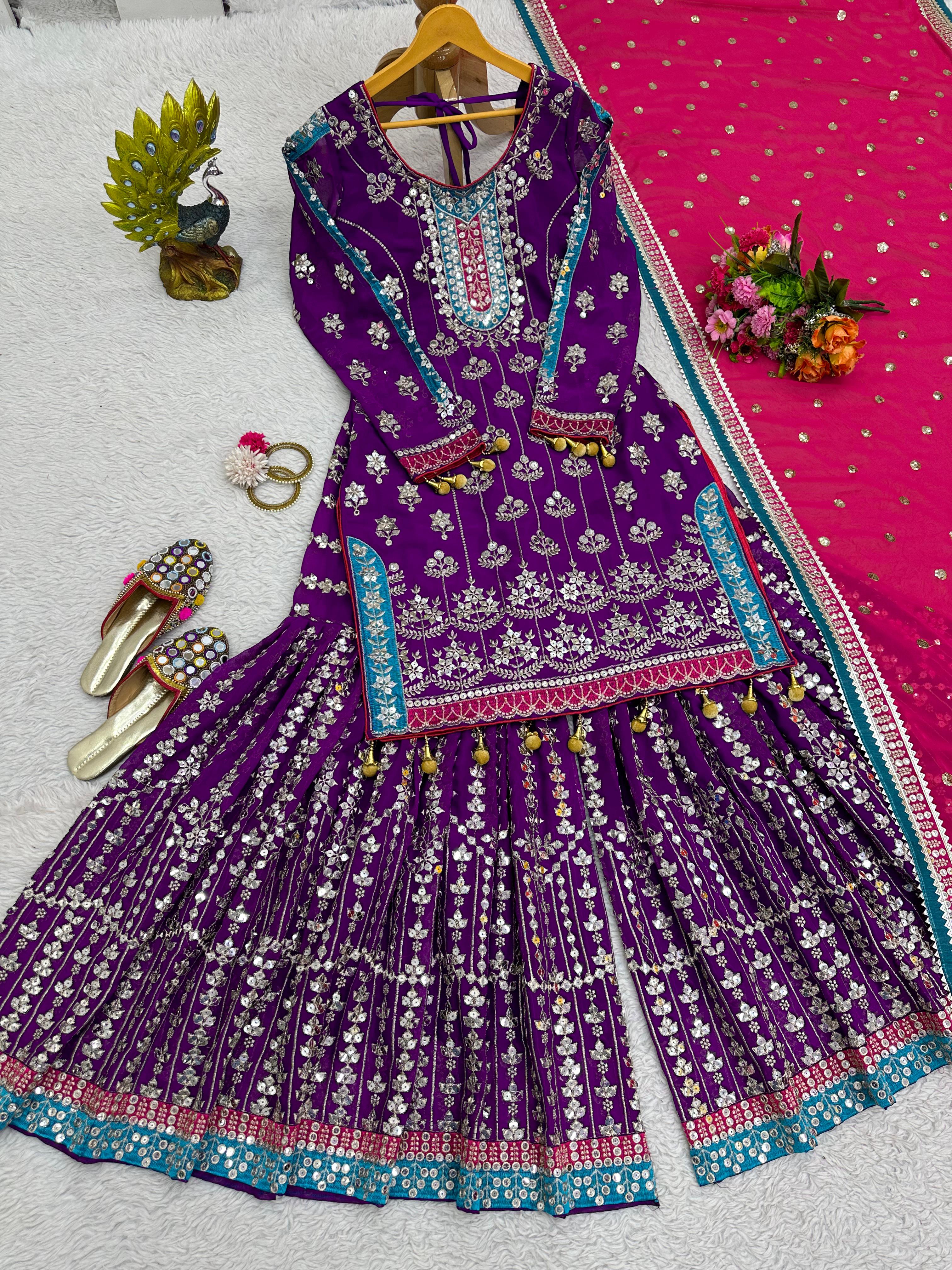 Alluring Sequence Work Purple Color Sharara Suit