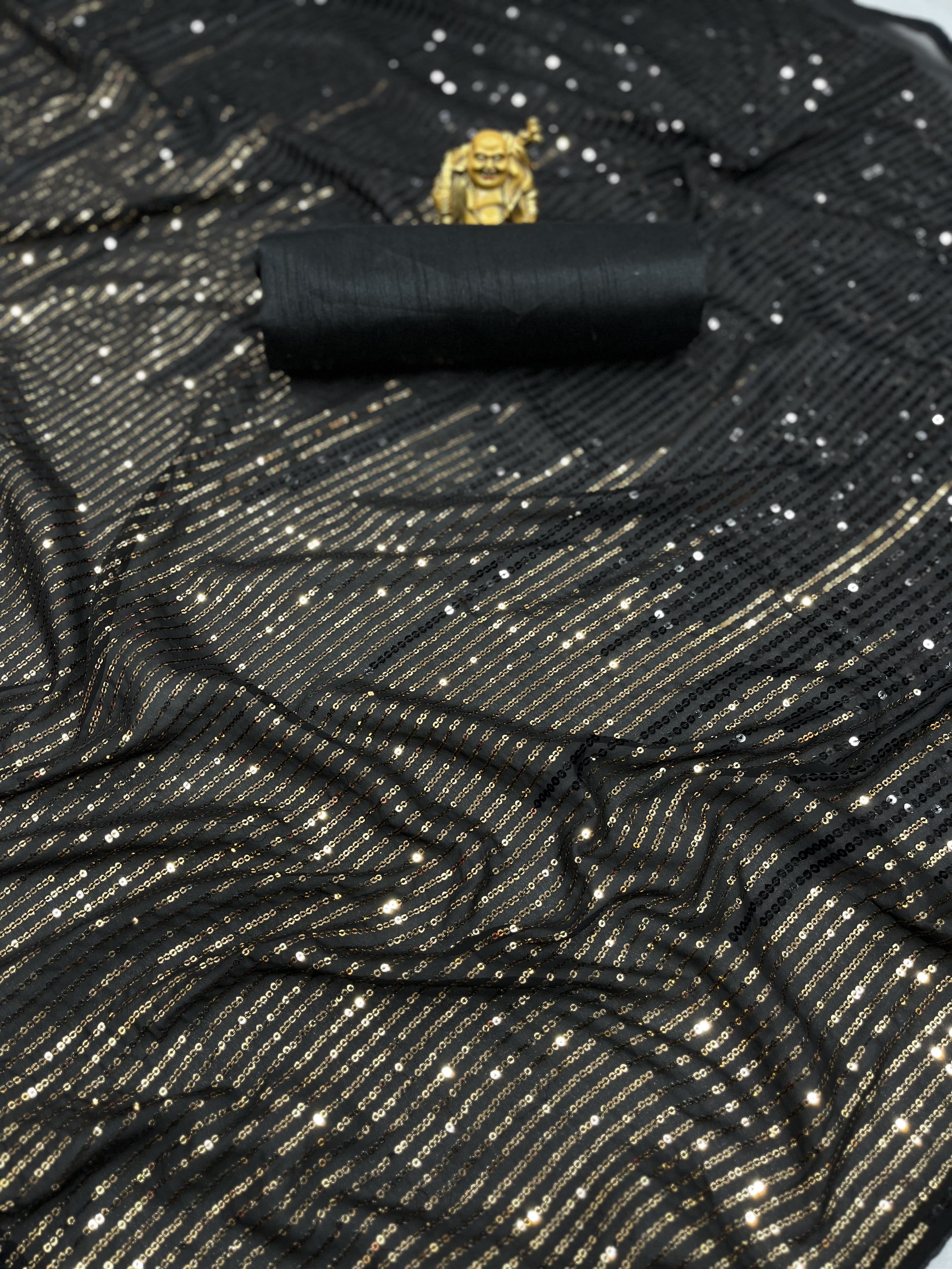 Luxuriant Embroidery Sequins Work Black Color Saree