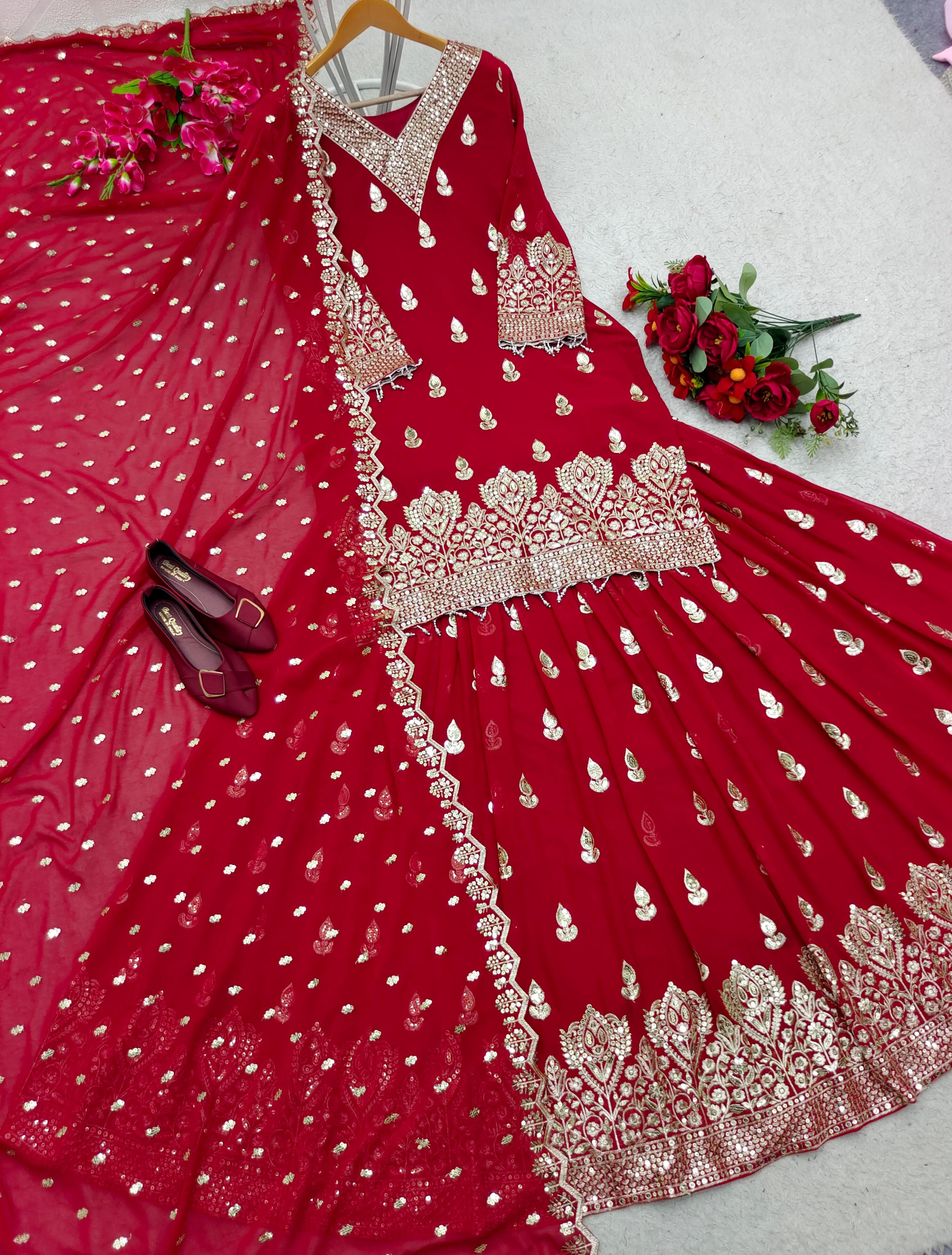 Fabulous Siqwans Embroidery Work Red Color Top With Lehenga