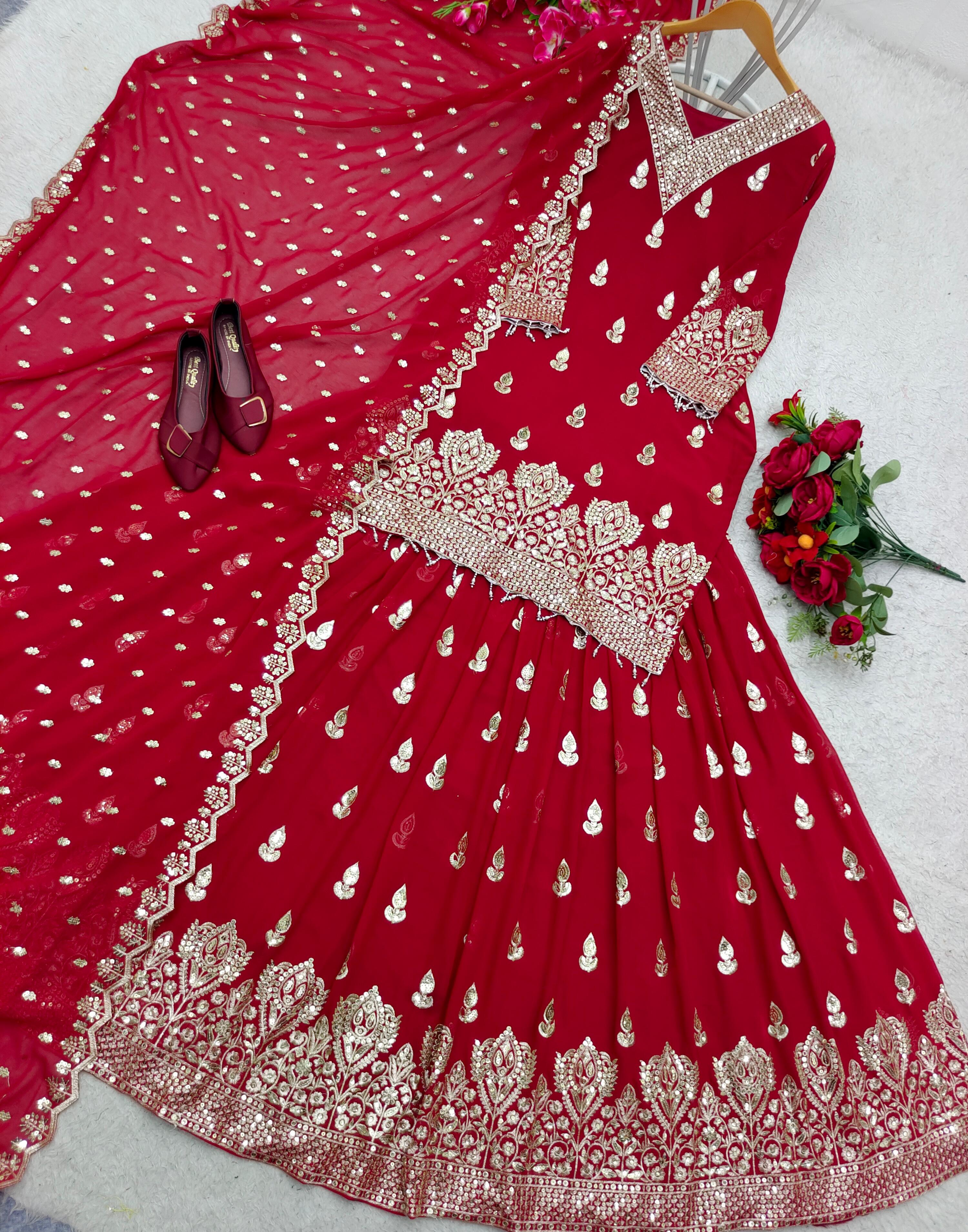 Fabulous Siqwans Embroidery Work Red Color Top With Lehenga