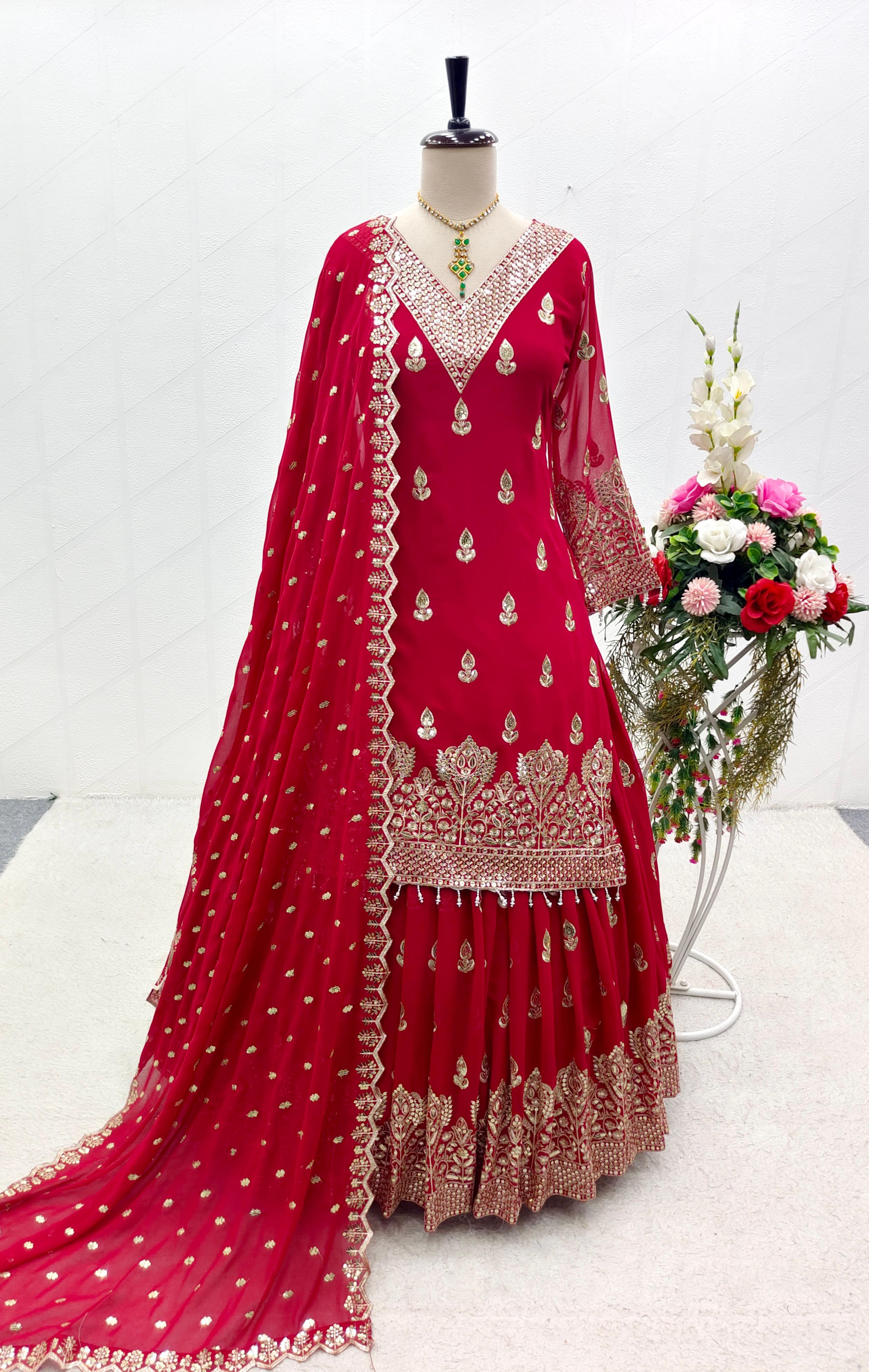 Fabulous Siqwans Embroidery Work Red Color Top With Lehenga