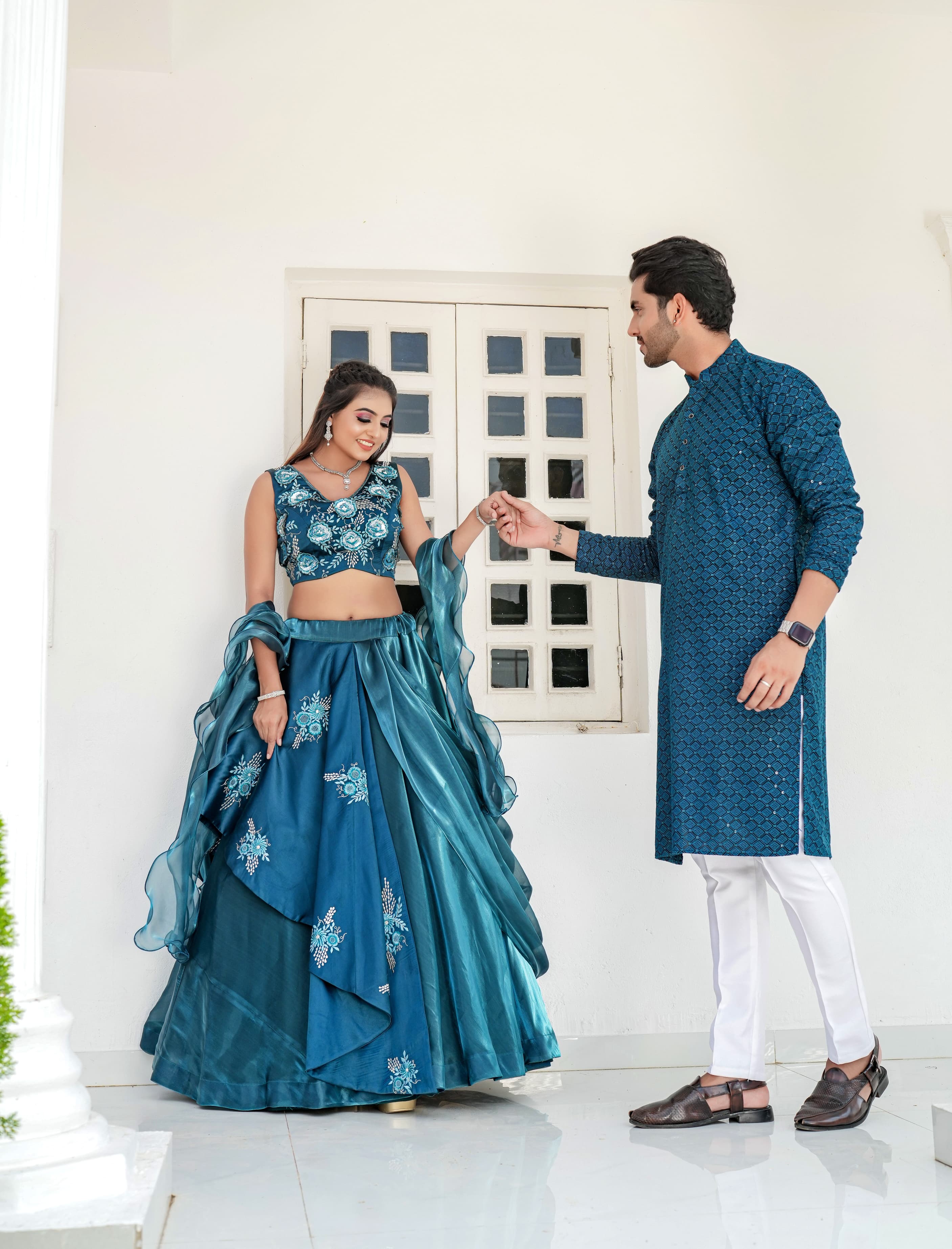 Innovative Rama Embroidery Zari Rama Color Couple Combo Lehenga Choli