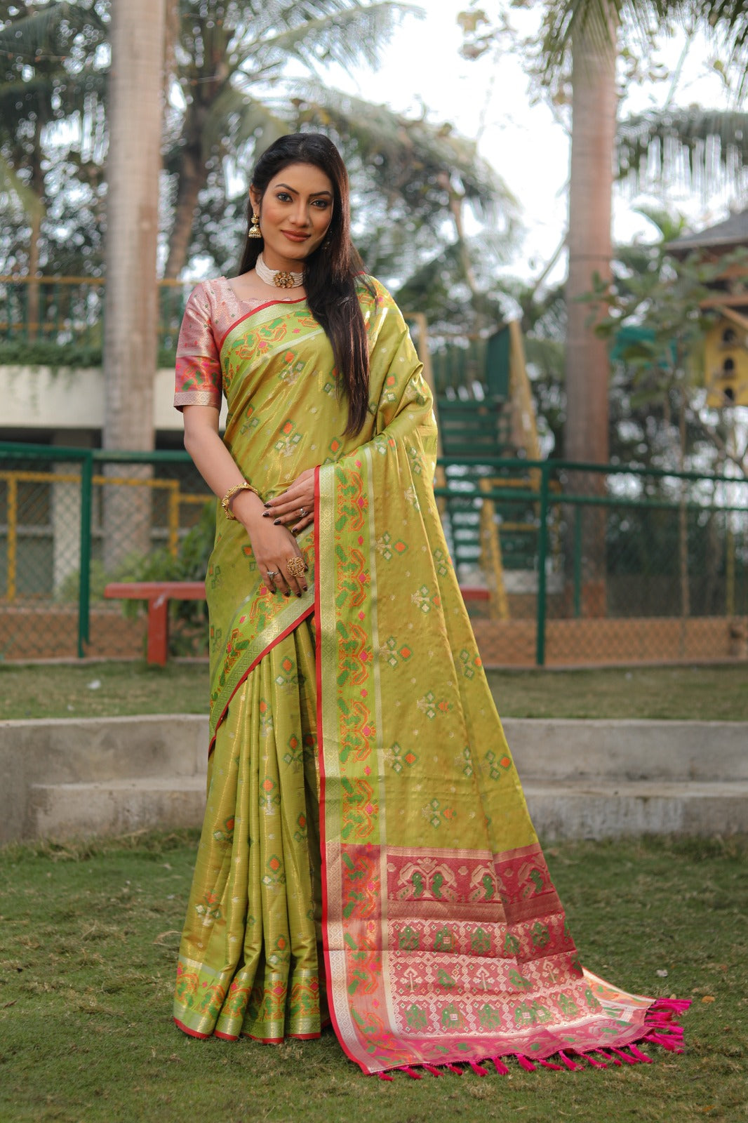 Amazing  Patola Print Lemon Color Organza sarees