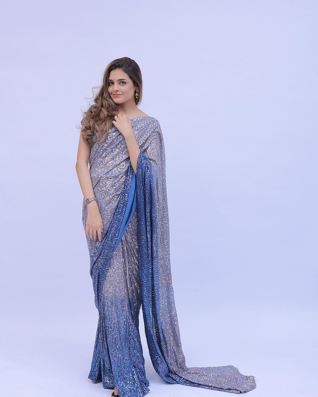 Eyes Catching Sequins Embroidery Work Sky Blue Color Saree