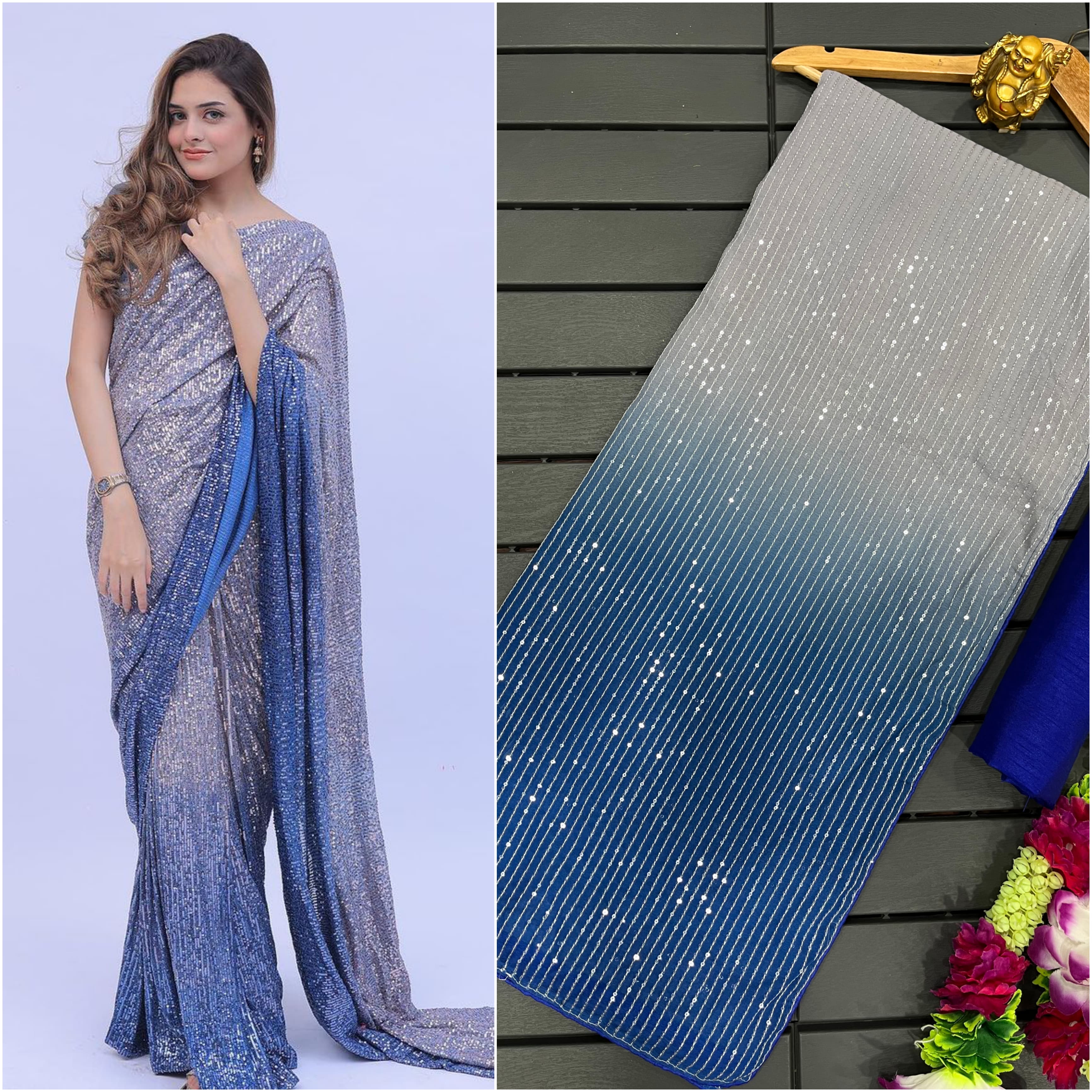 Eyes Catching Sequins Embroidery Work Sky Blue Color Saree