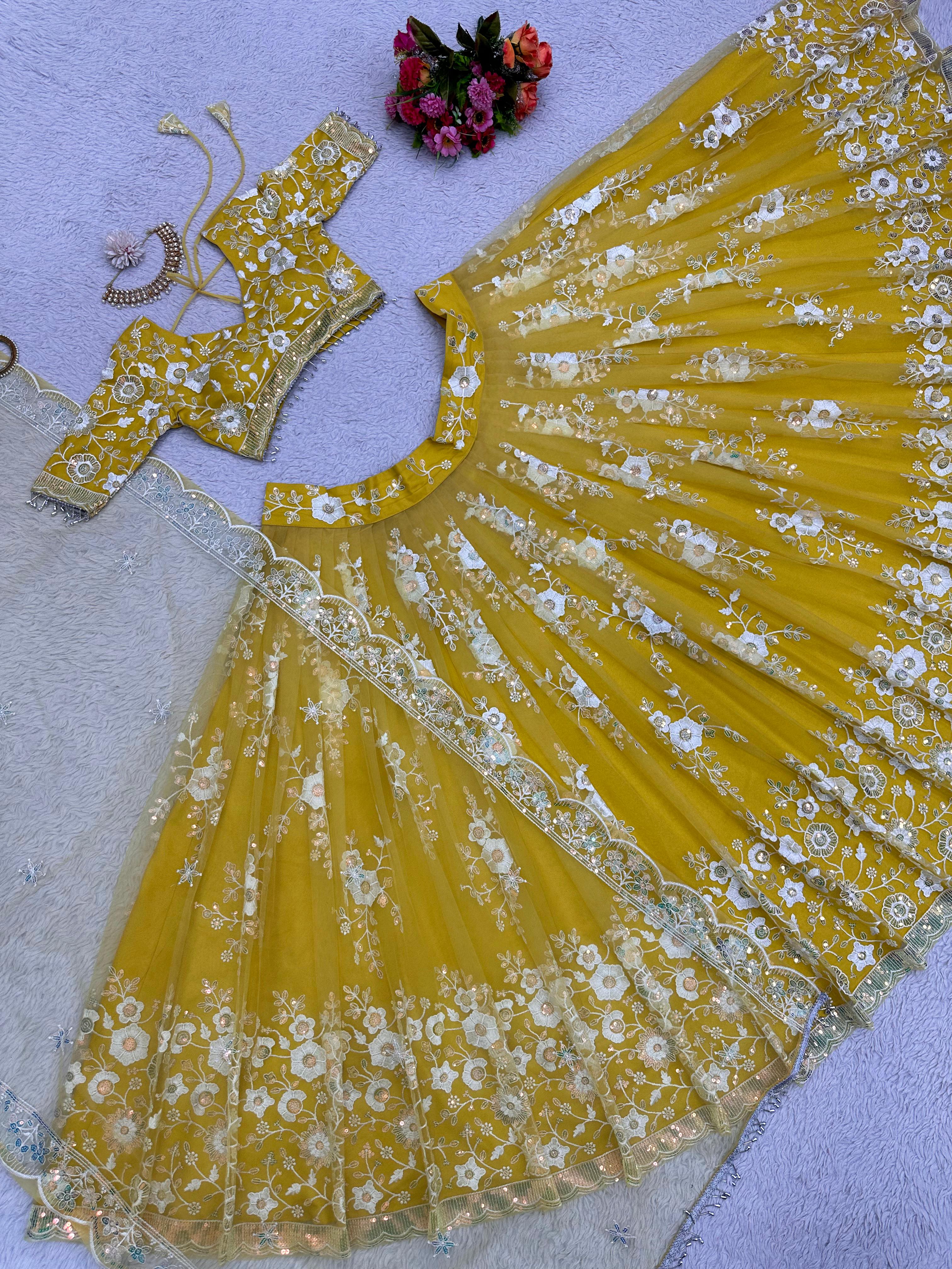 Fashionable Thread With Sequence Work Yellow Color Lehenga Choli